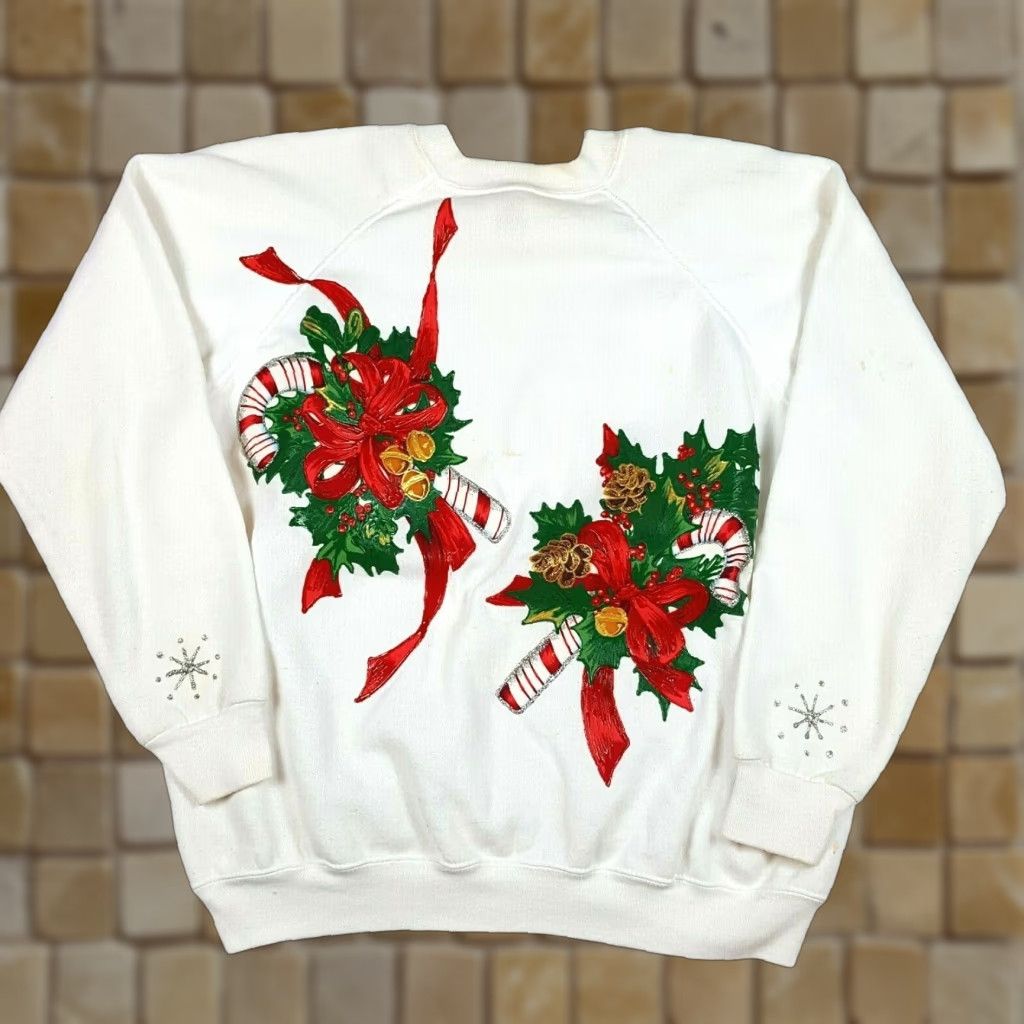 Hanes VINTAGE Hanes Sweatshirt Christmas Candy Cane Women's L Raglan Crewneck 90s Holiday White Knit Cotton Blend All Seasons Graphic Print Size L / US 10 / IT 46 - 1 Thumbnail