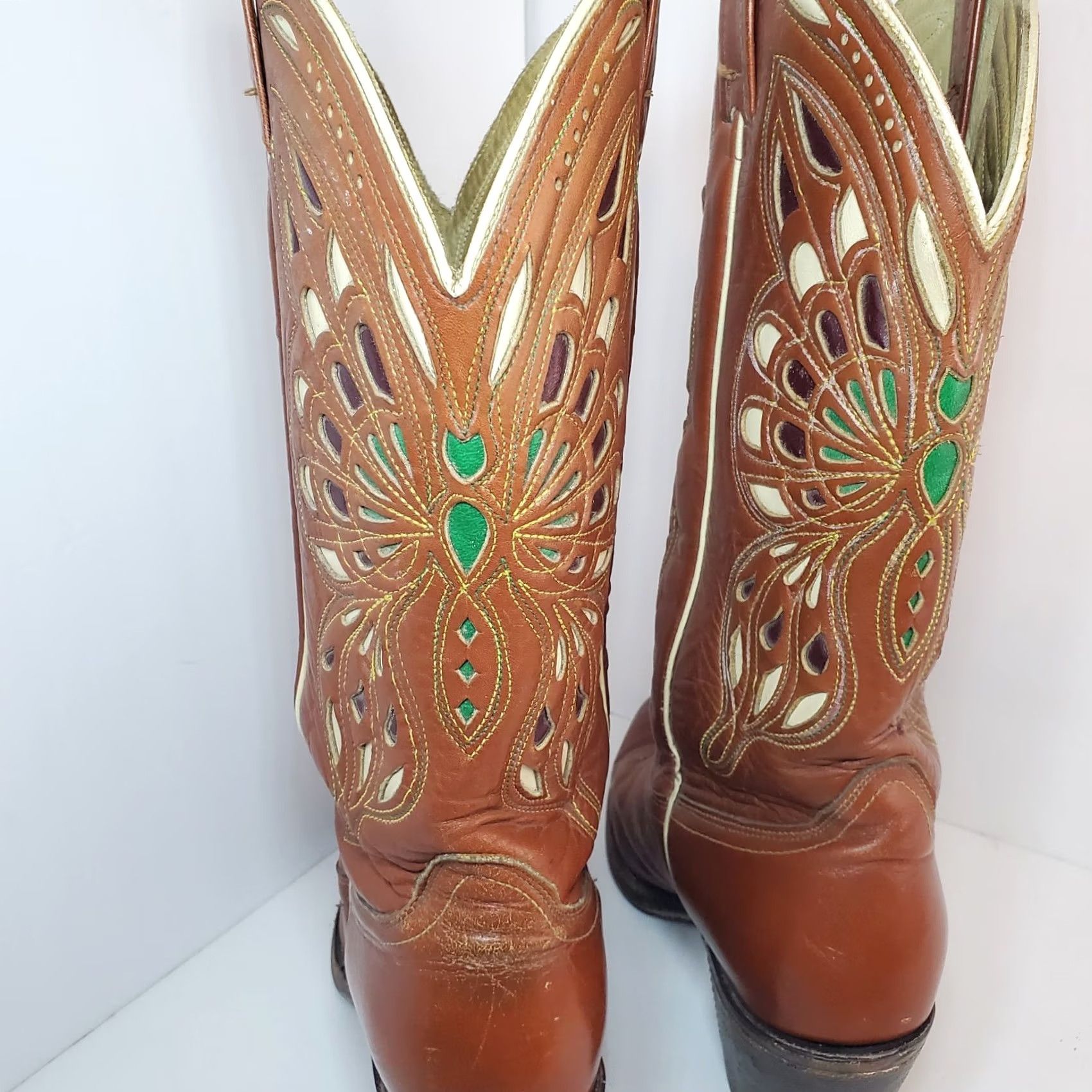Vintage VINTAGE Acme Butterfly Inlay Brown Red Mens 9/W10.5 Cowboy Western Boots Mid-Calf Leather Pointed Toe Pull On 1950s Limited Edition Size US 9 / IT 39 - 7 Thumbnail