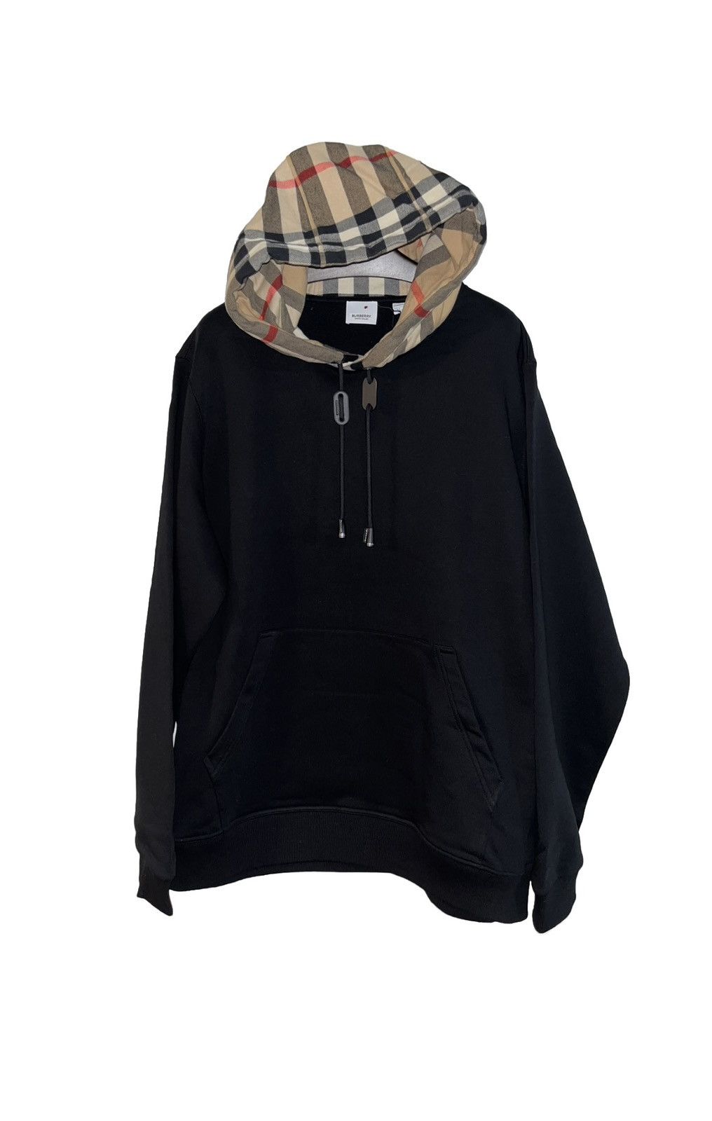 image of Burberry Check Trim Cotton Hoodie in Black, Men's (Size XL)