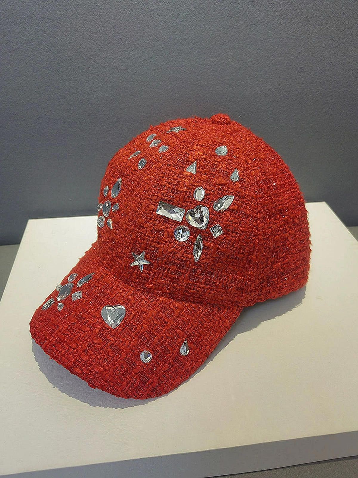Other Red Embellished Rhinestone Tweed Baseball Cap Size ONE SIZE - 5 Thumbnail