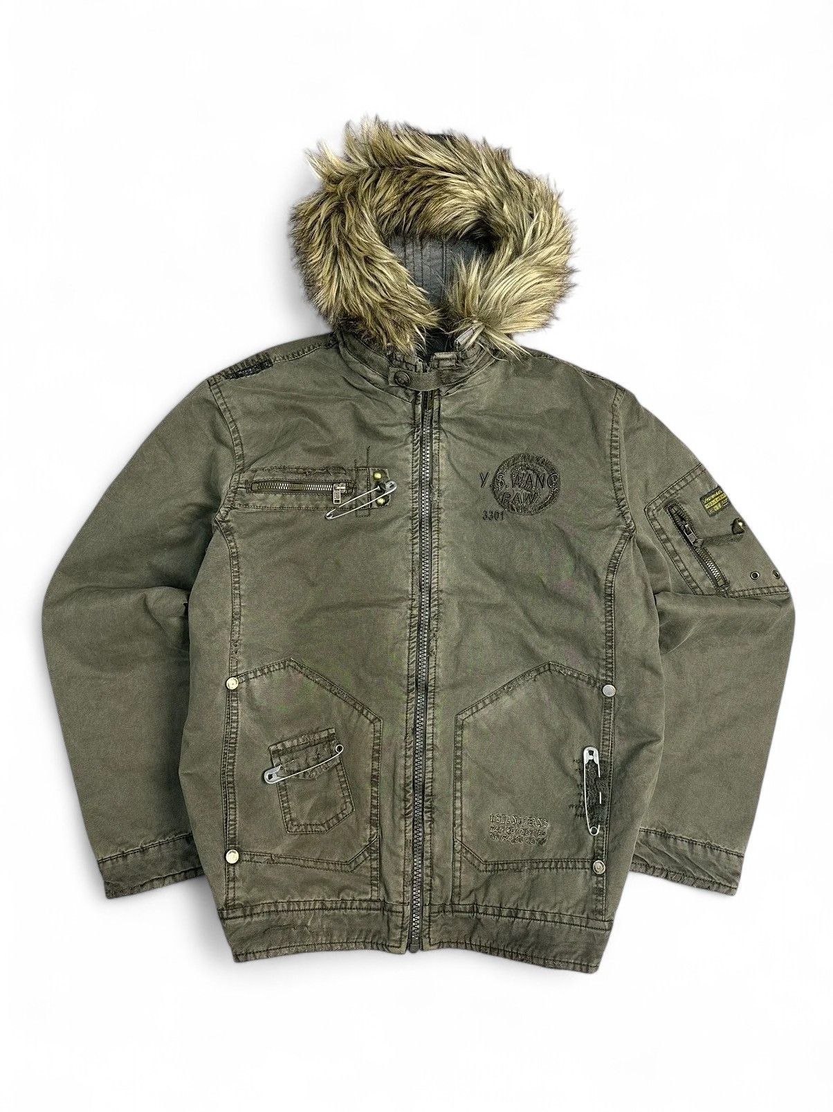 Le Grande Bleu (L.G.B.) Vintage Army Green Fur Hood Jacket Y2K faded Military Style Size US M / EU 48-50 / 2 - 3 Thumbnail