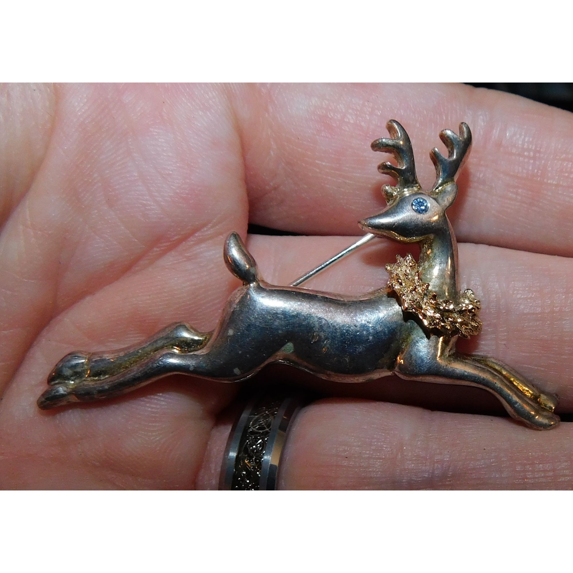 Other Vintage Festive Reindeer Brooch Silver Tone With Blue Rhines Size ONE SIZE - 1 Thumbnail