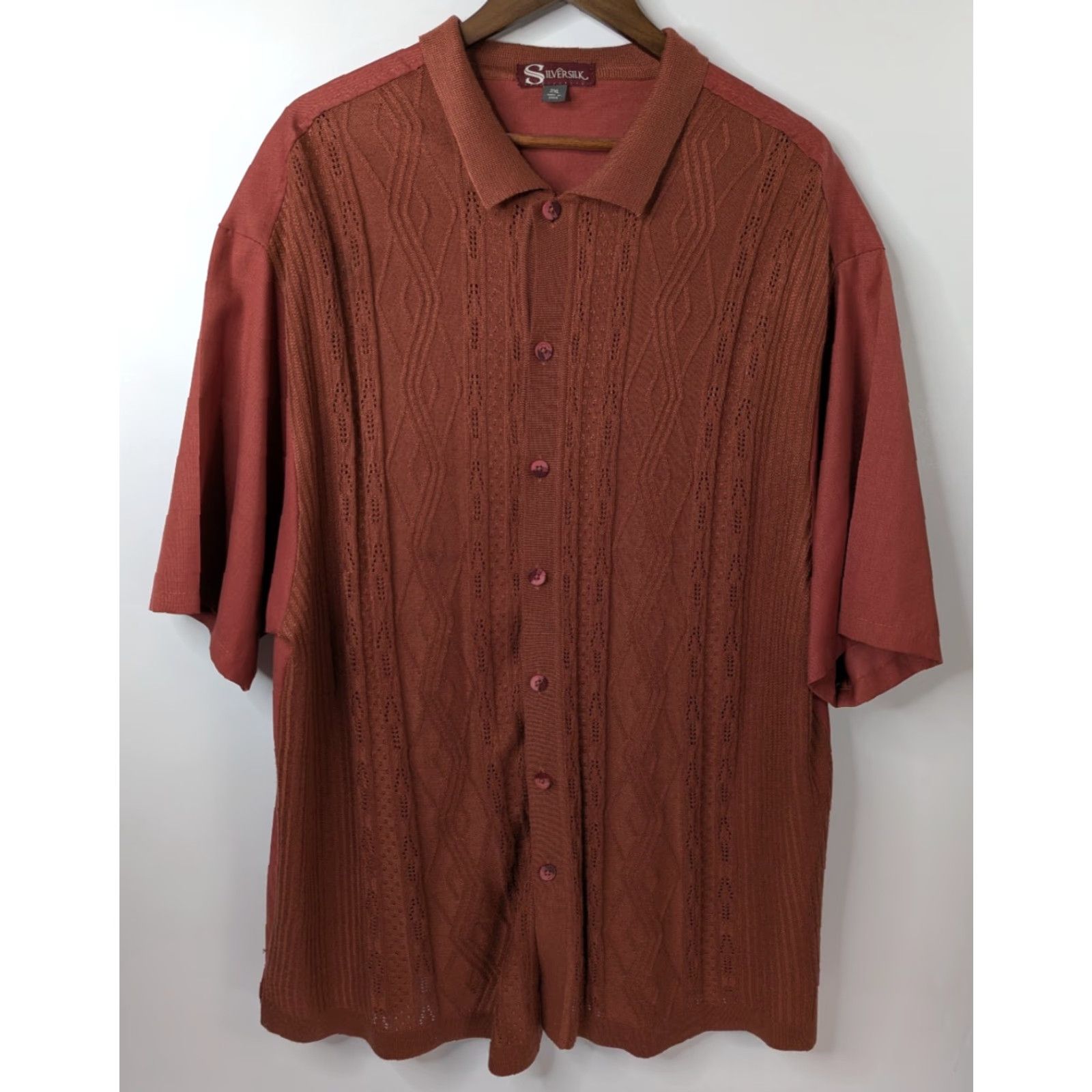 Rusty SilverSilk Shirt Men 2XL Button-Down Short Sleeve Rust Brown Retro All Seasons Breathable Easy Care Size US XXL / EU 58 / 5 - 3 Thumbnail