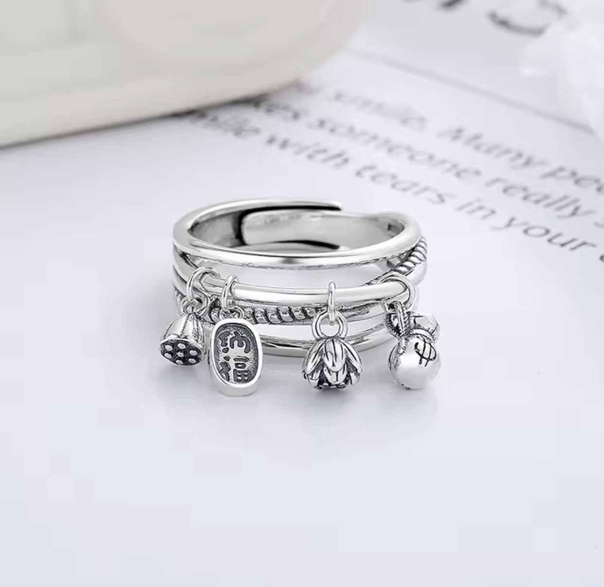Jewelry Silver Color Retro Tassel Lotus Creative Ring Size ONE SIZE - 2 Thumbnail
