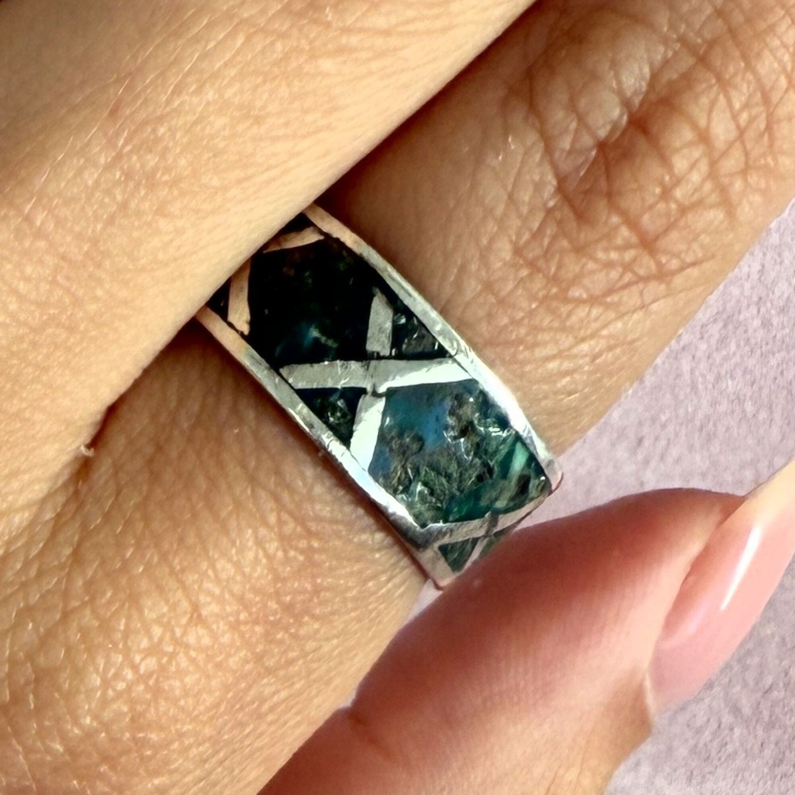 Sterling Silver sterling silver vintage crushed turquoise x band ring size 8 Size ONE SIZE - 1 Thumbnail