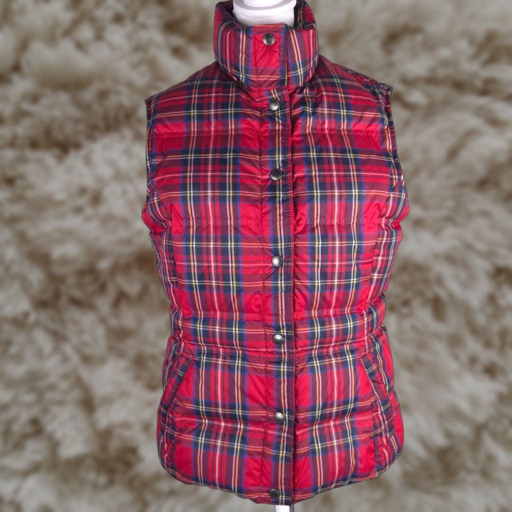 Lands' End Lands End Lands' End Womens S Red Tartan Plaid Down Puffer Vest Funnel Neck Layer Friendly