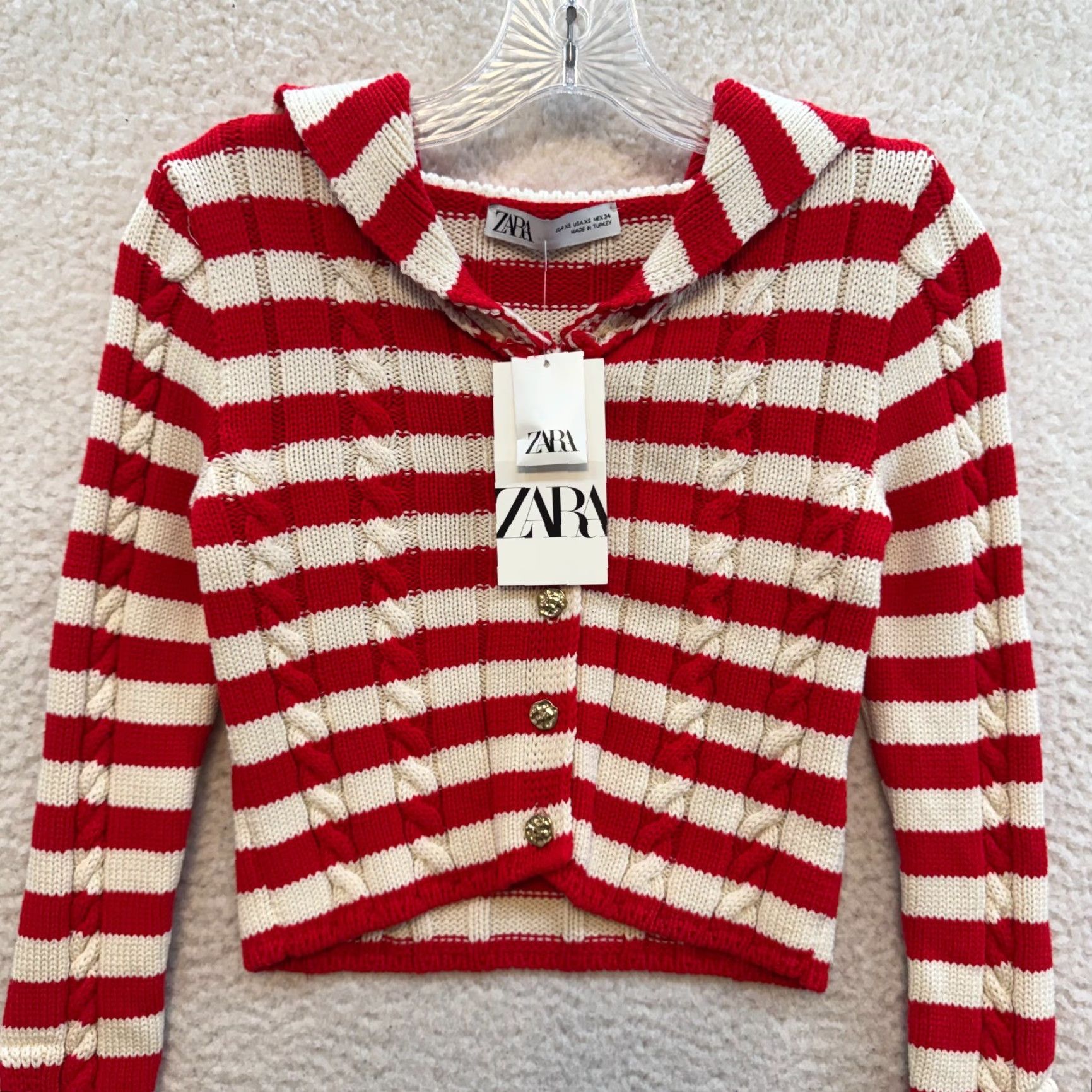 Zara Zara Cardigan Sweater XS Red White Striped Cable Knit Crop NWT Womens Size XS / US 0-2 / IT 36-38 - 3 Thumbnail