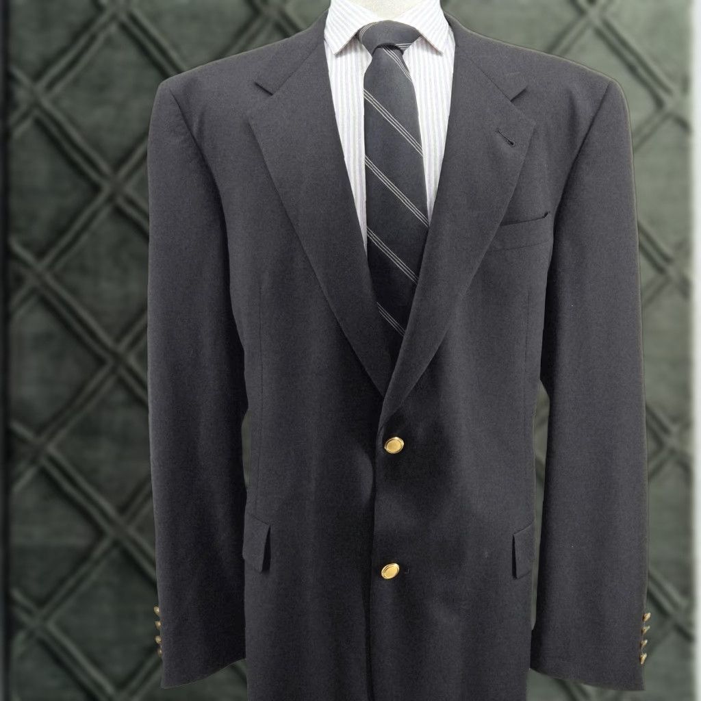 Hart Schaffner Marx Hart Schaffner Marx Gold Button Blazer Mens 44 Black Wool Single-Breasted Two-Button Notch Lapel Vintage: No Size 44R - 1 Thumbnail