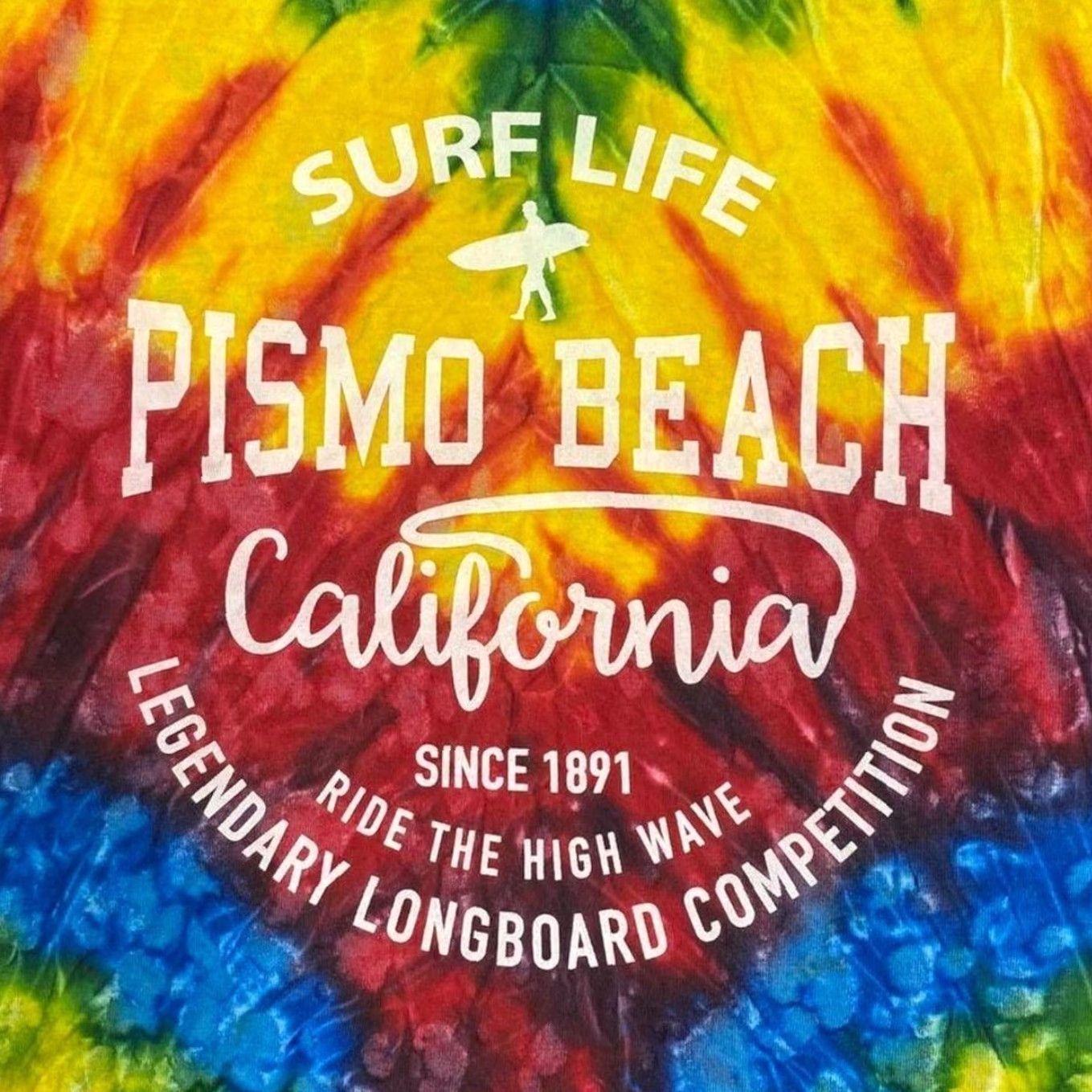 Vintage Pismo Beach California “Surf Life” Surfer Graphic Rainbow Tie Dye T-Shirt Small Mens Regular Cotton Multi Colour Tie Dye Graphic Print Surfer Logo Size US S / EU 44-46 / 1 - 3 Thumbnail