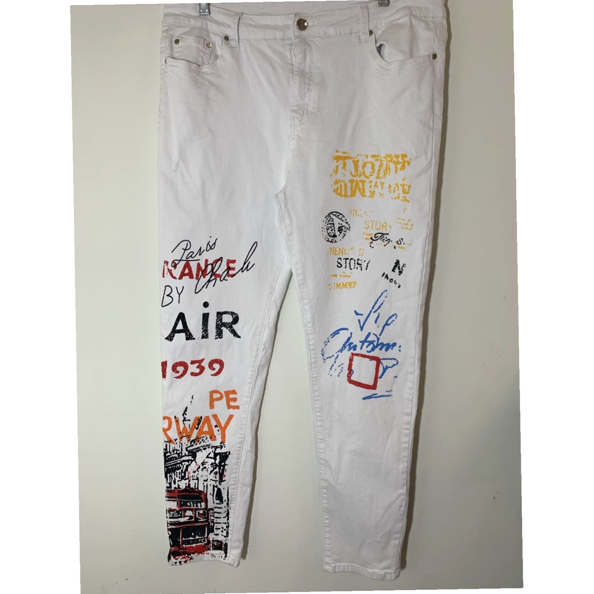 Vintage Graffiti White Paris 1939 Womens Jeans Size 38 Extra Large XL Stretchy Pre Owned Size 25" / US 0 / IT 36 - 1 Thumbnail