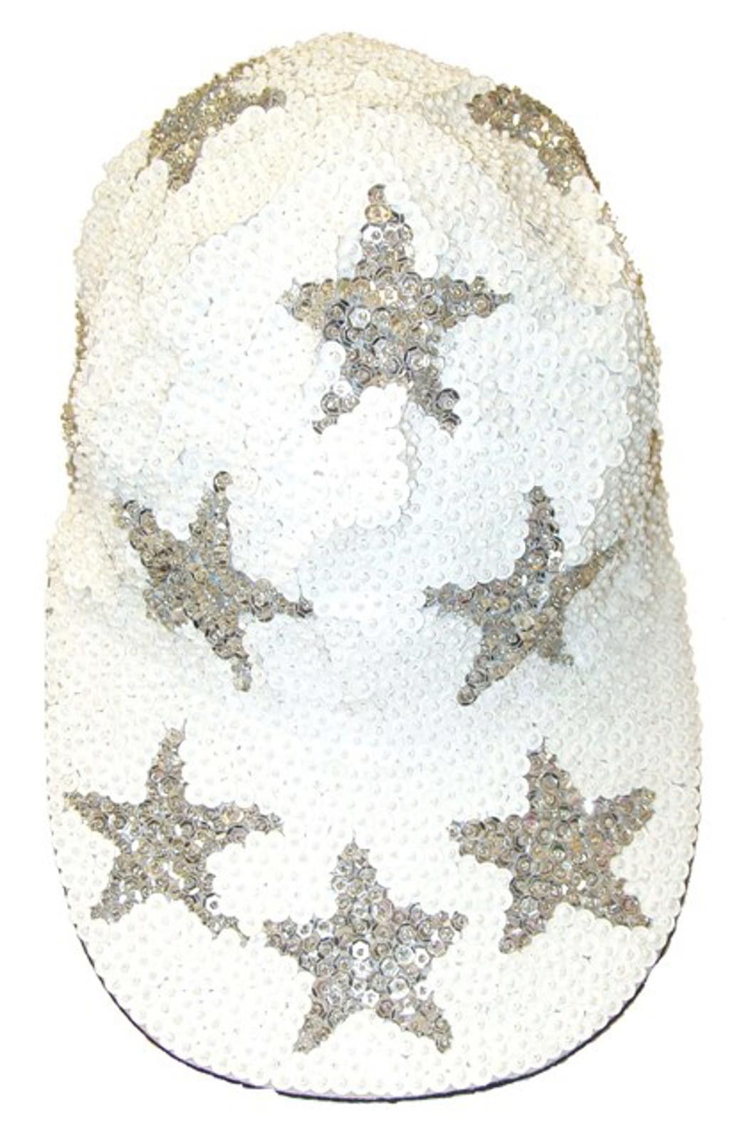 Designer Sequin Baseball Cap WHITE with SILVER STARS Size ONE SIZE - 1 Preview