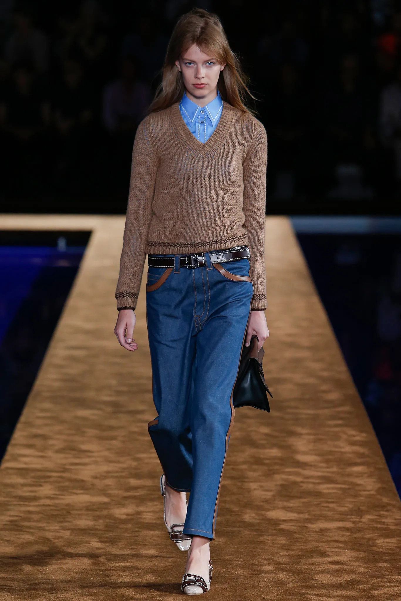 Prada S/S 2015 Unisex Brown Leather Trimmed Blue Jeans Pants Size US 31 - 2 Thumbnail