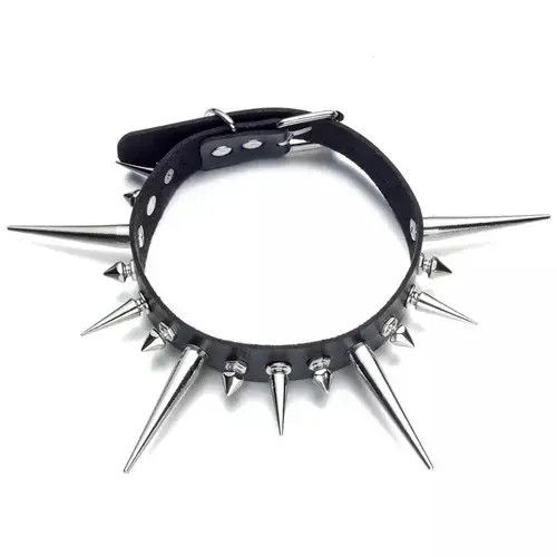 Jewelry Long Spike Punk Faux Leather Choker in Silver, Men's