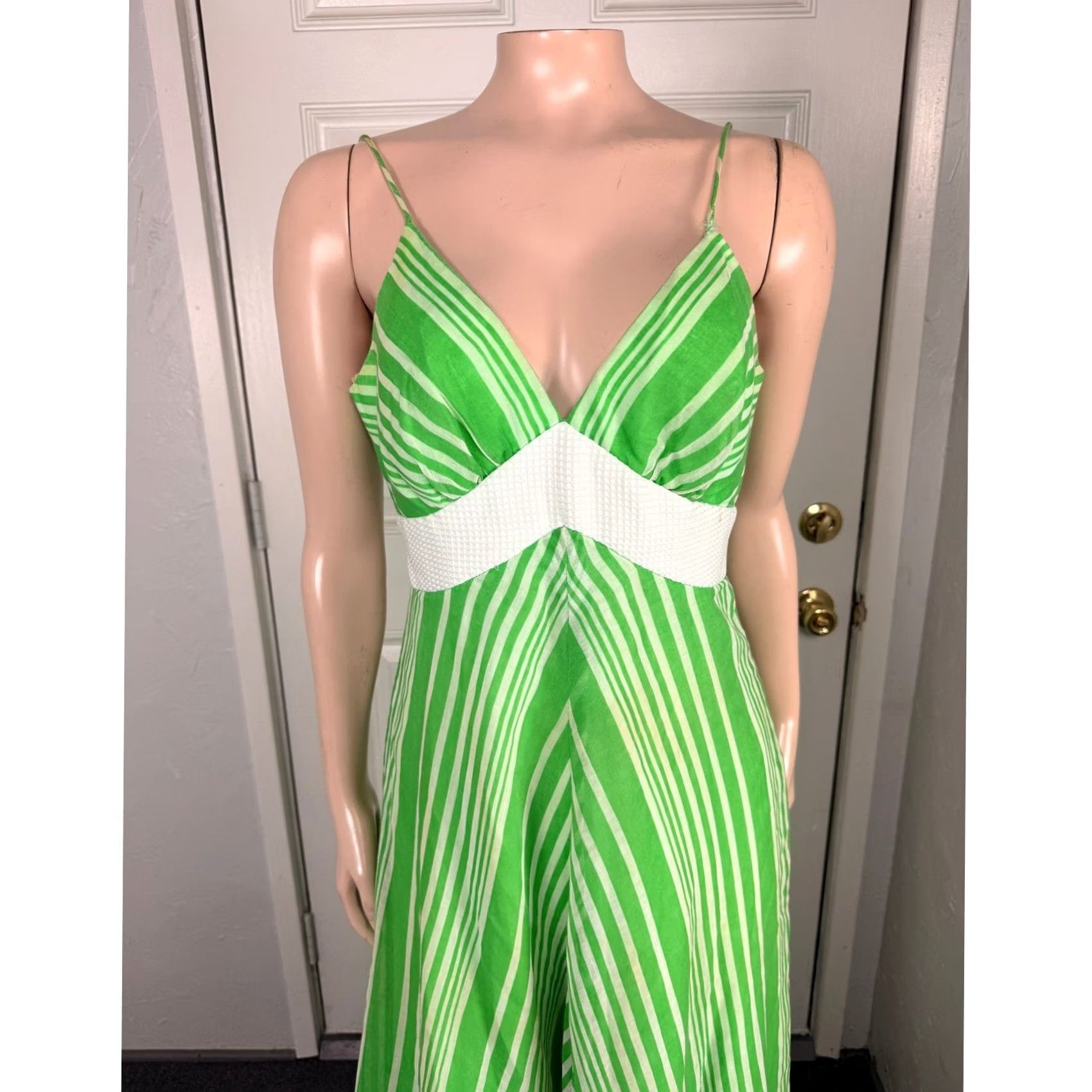 Vintage VINTAGE 1970s Women's Maxi Dress Cotton Polyester Green 10 S Striped V neck Party K3-21 Size S / US 4 / IT 40 - 2 Thumbnail