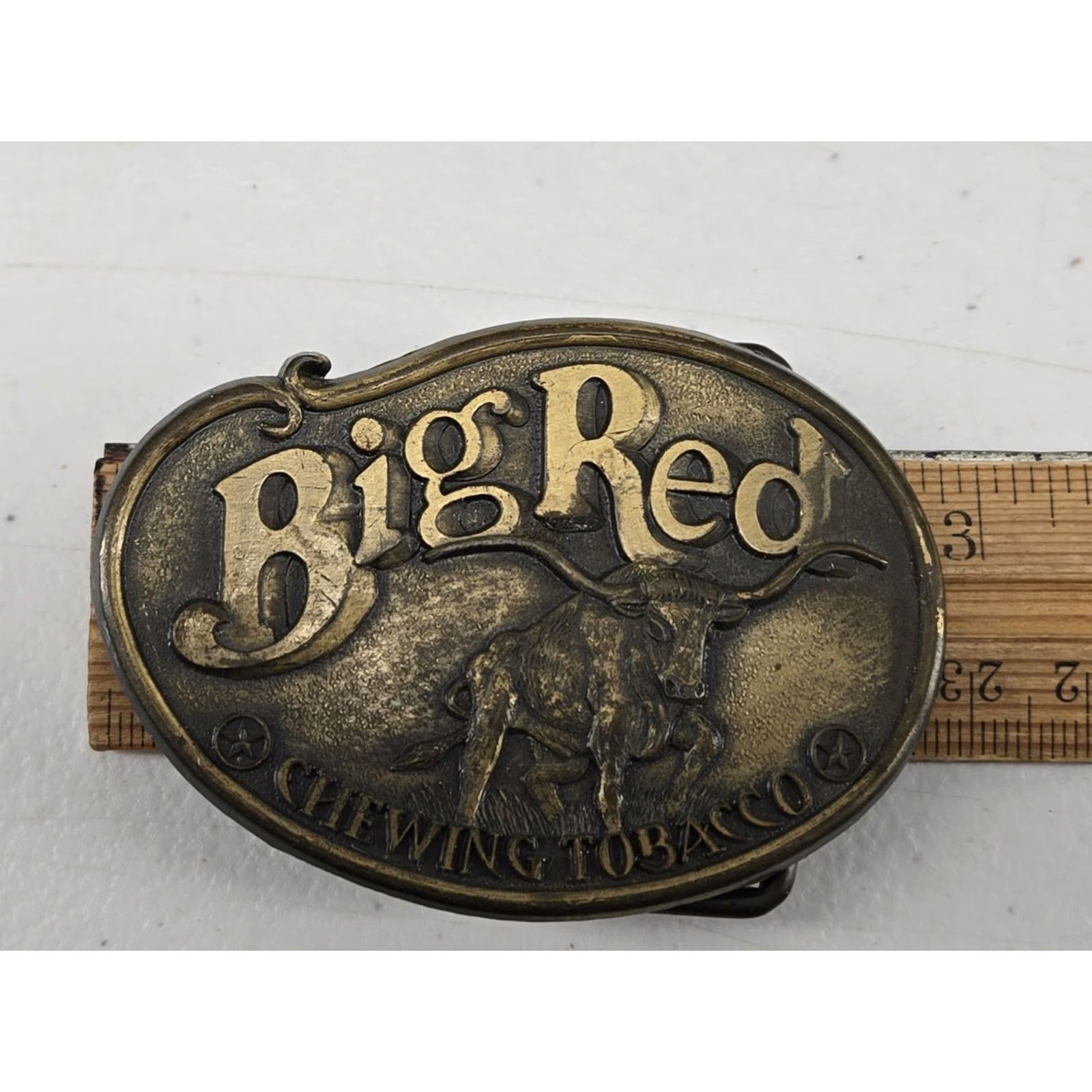 Vintage VINTAGE Big Red Chewing Tobacco Classic Brass Western Belt Buckle 3"x2" Cowboy Western Adult Unisex Bronze 1970s Buckle Size ONE SIZE - 4 Thumbnail