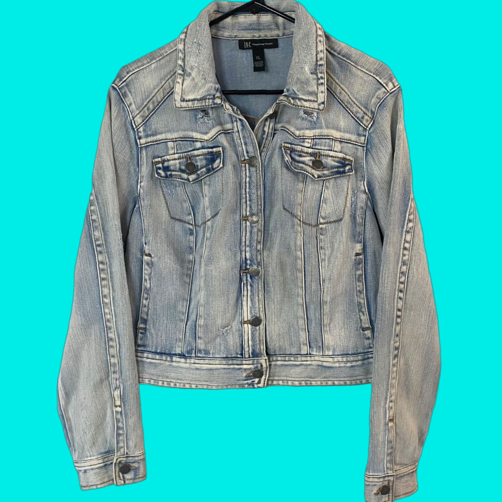 Vintage I.N.C. International Concepts Denim Jacket Sequin Distressed Button-Up Light Wash Women XL Blue City College Women Size XL / US 12-14 / IT 48-50 - 1 Thumbnail