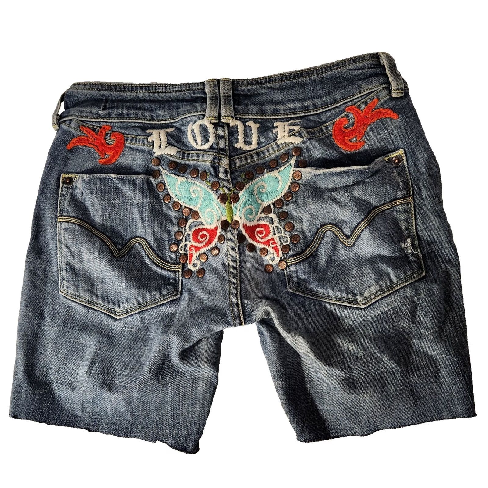 Vintage People 4 Peace Jeans Shorts Womens Small Blue Distressed Studded Embroidered USA Bohemian Festival Y2K Butterfly Size 28" / US 6 / IT 42 - 2 Thumbnail