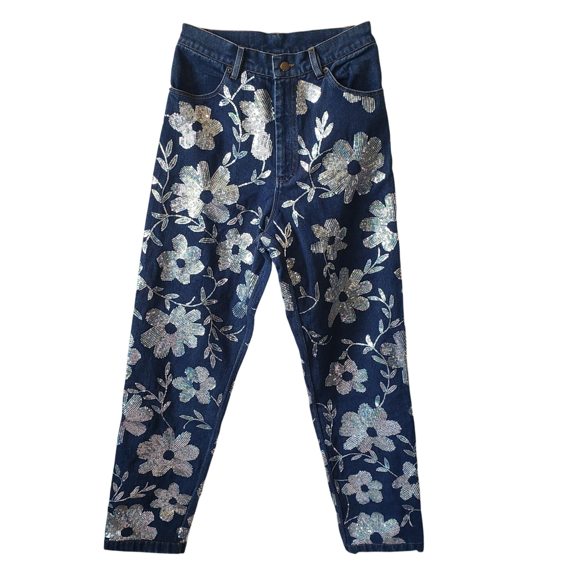 ASHISH Ashish Floral Sequin Embellished High Rise Straight Leg Blue Size 27" / US 4 / IT 40 - 3 Thumbnail