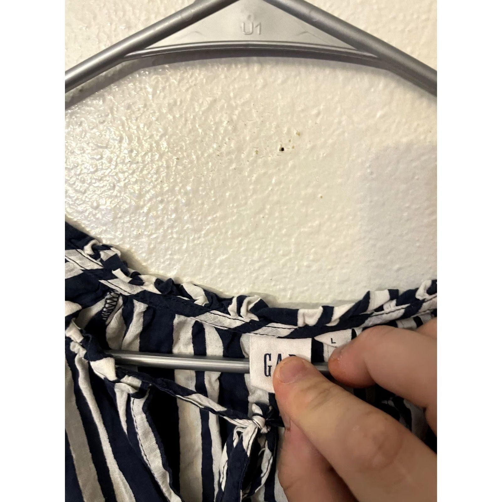 Gap GAP Peasant Blouse Womens Large Navy White Puff Sleeve Split Neck Stretchy Top Size L / US 10 / IT 46 - 2 Thumbnail