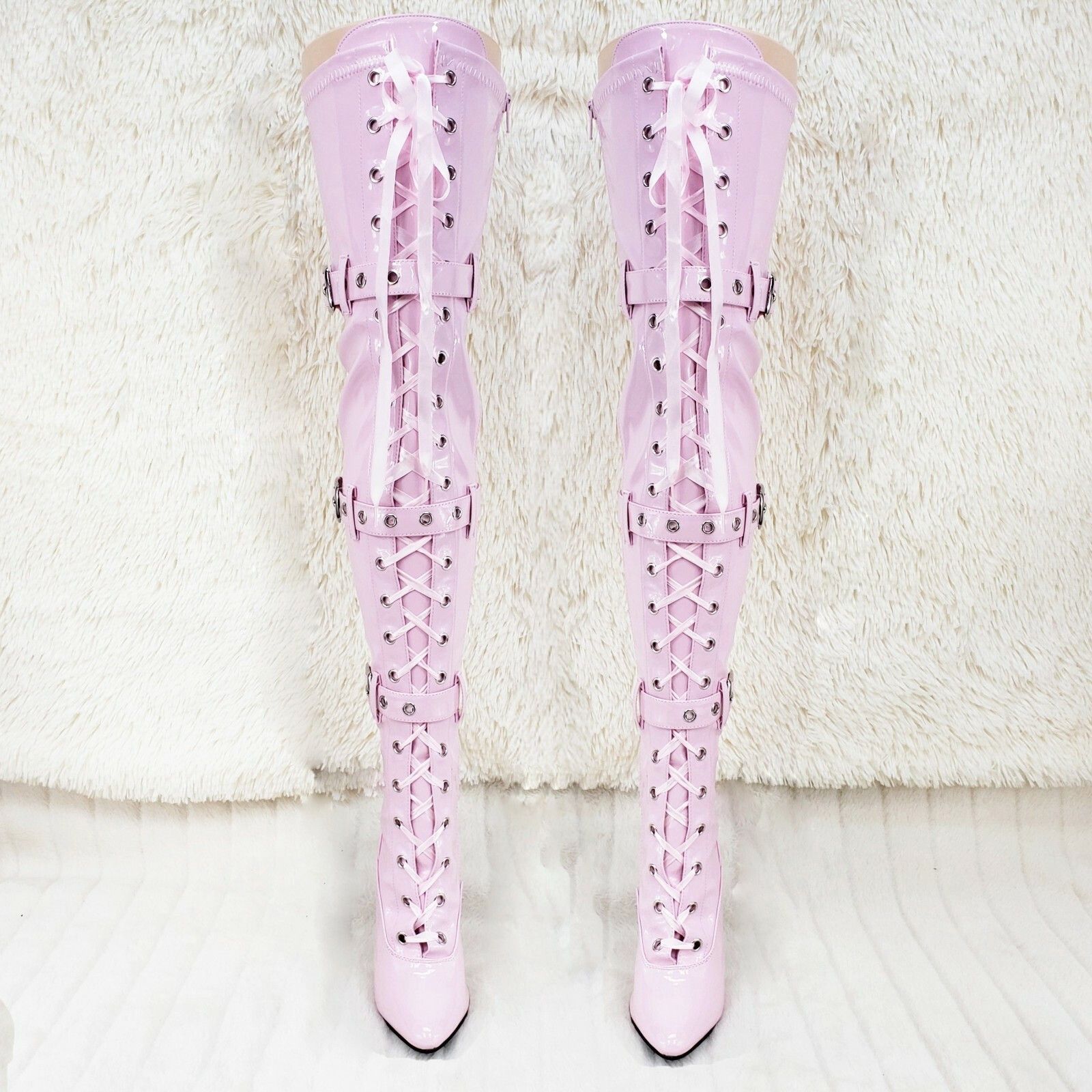 Other Seduce 3028 Baby Pink Lace Up Thigh High Boots 5" Stiletto H Size US 9 / IT 39 - 3 Thumbnail
