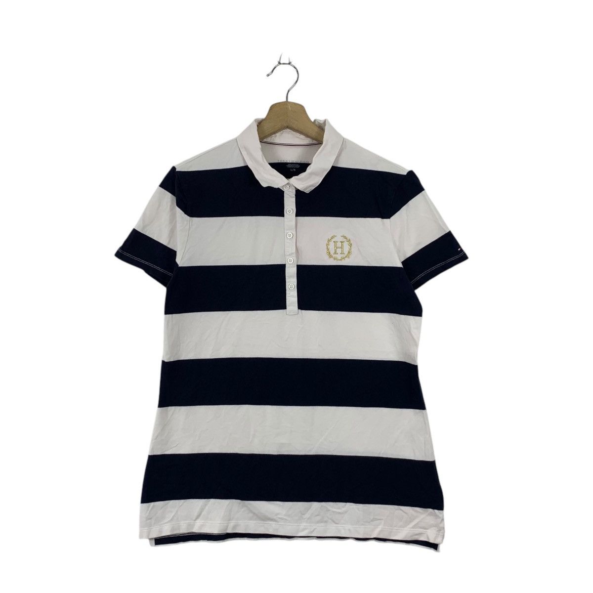 Tommy Hilfiger TOMMY HILFIGER USA Gold Crest Logo Striped Polo Tee Shirt Size L / US 10 / IT 46 - 1 Thumbnail