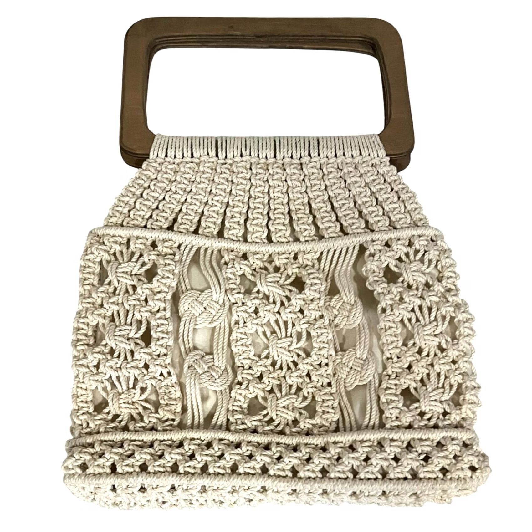 Vintage VINTAGE Macrame Crochet Purse Handbag Wood Handles Cream Ivory Cotton Handbag Womens Top Handle Bag Casual Party/Cocktail Brown Wood 10" wide 10" tall Size ONE SIZE - 3 Thumbnail