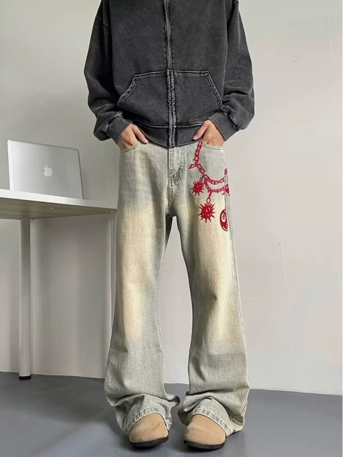 Jean Retro distressed hiphop straight embroidered flared jeans Size US 32 / EU 48 - 1 Thumbnail