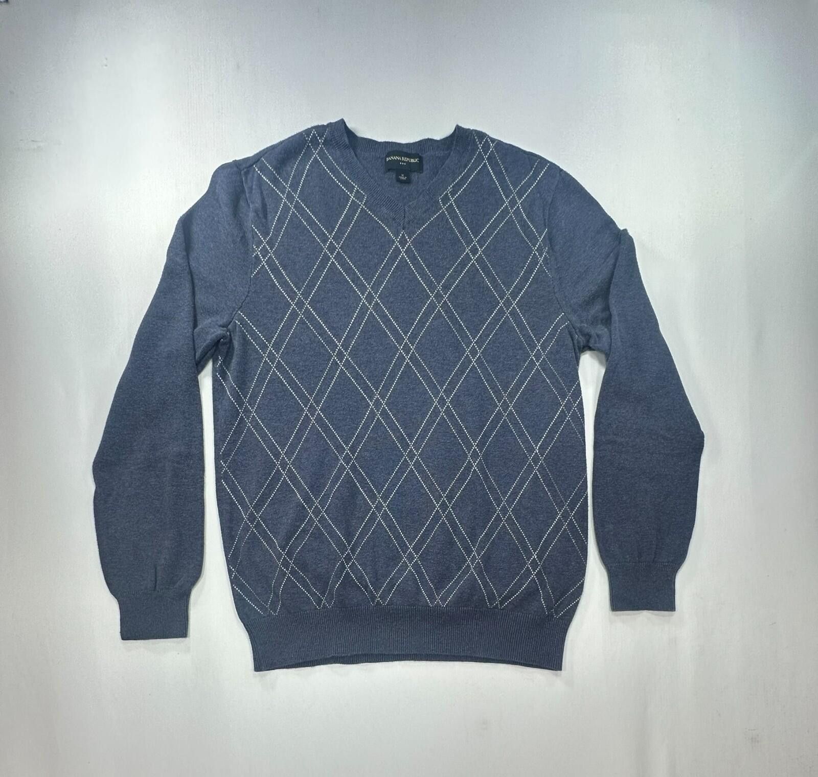 Banana Republic Banana Republic 100% Cotton V-Neck Argyle Sweater Blue Men M Size US M / EU 48-50 / 2 - 1 Thumbnail