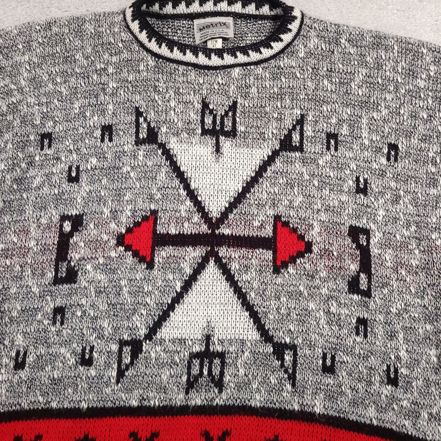 Vintage VINTAGE Metrix Sweater Woman's 22W Gray Red Aztec Southwestern Knit USA 90s Size 3XL / US 20-22 - 4 Thumbnail