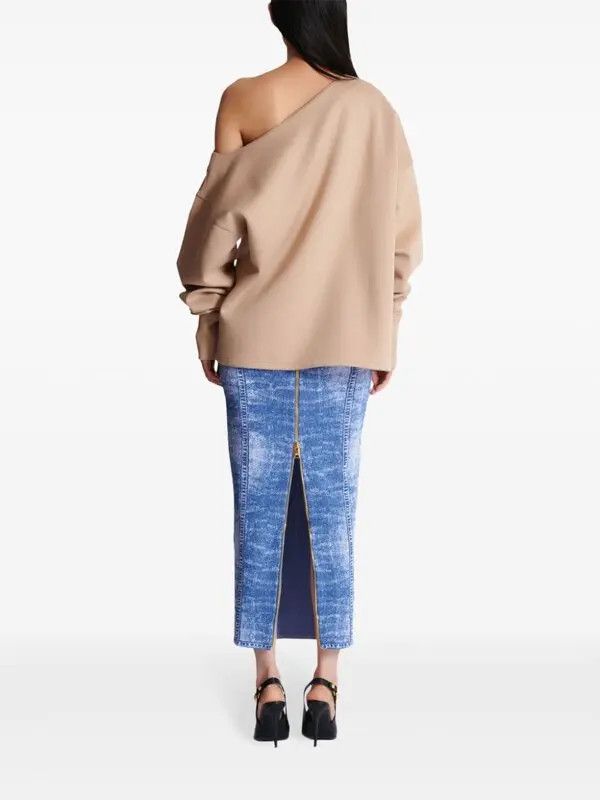Balmain o1s1wg111225 Asymmetric Off-Shoulder Sweatshirt in Beige Size XL / US 12-14 / IT 48-50 - 3 Thumbnail