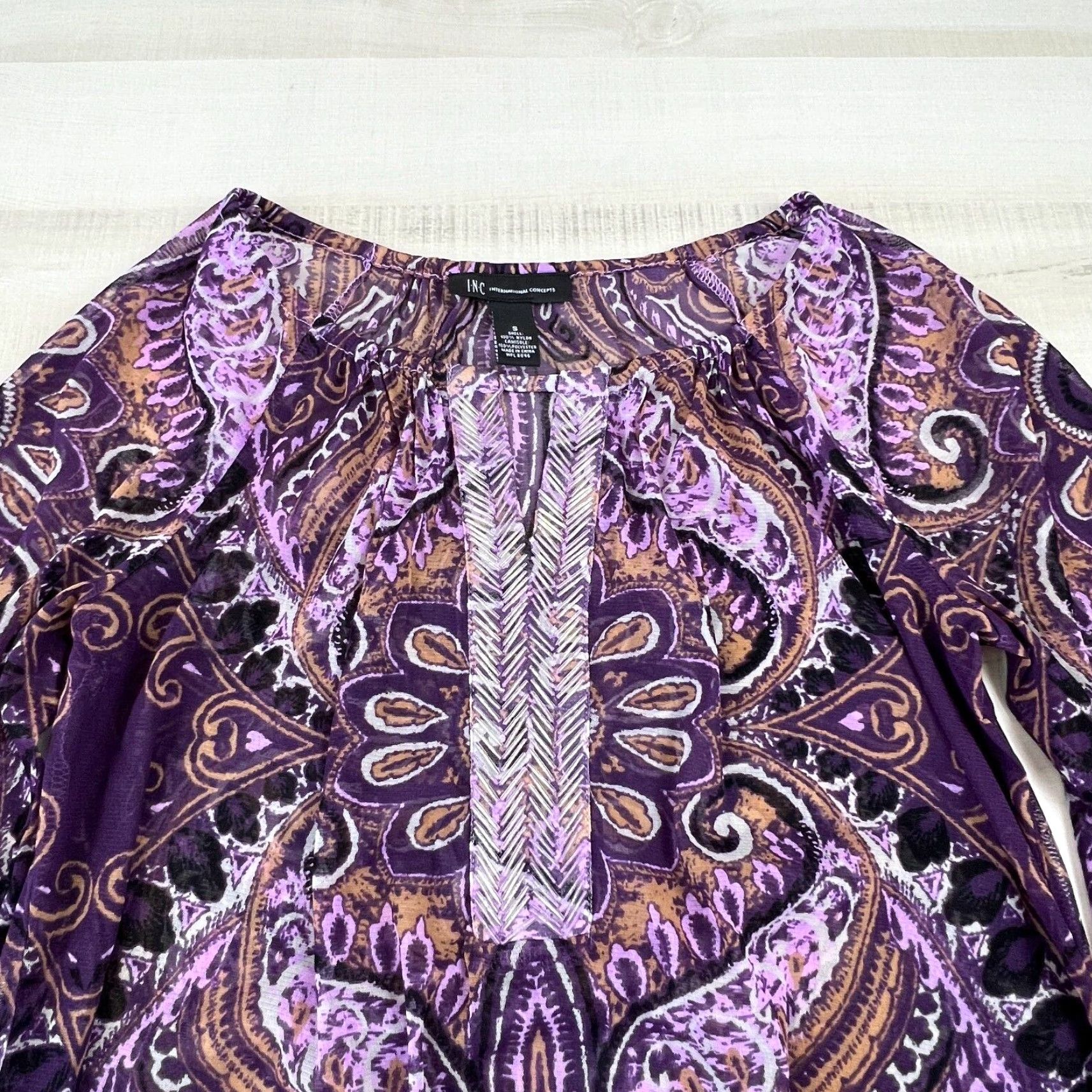 Vintage INC International Concepts Womens Blouse Small Purple Chiffon Beaded V Neck Elastic Waist Top Size S / US 4 / IT 40 - 2 Thumbnail