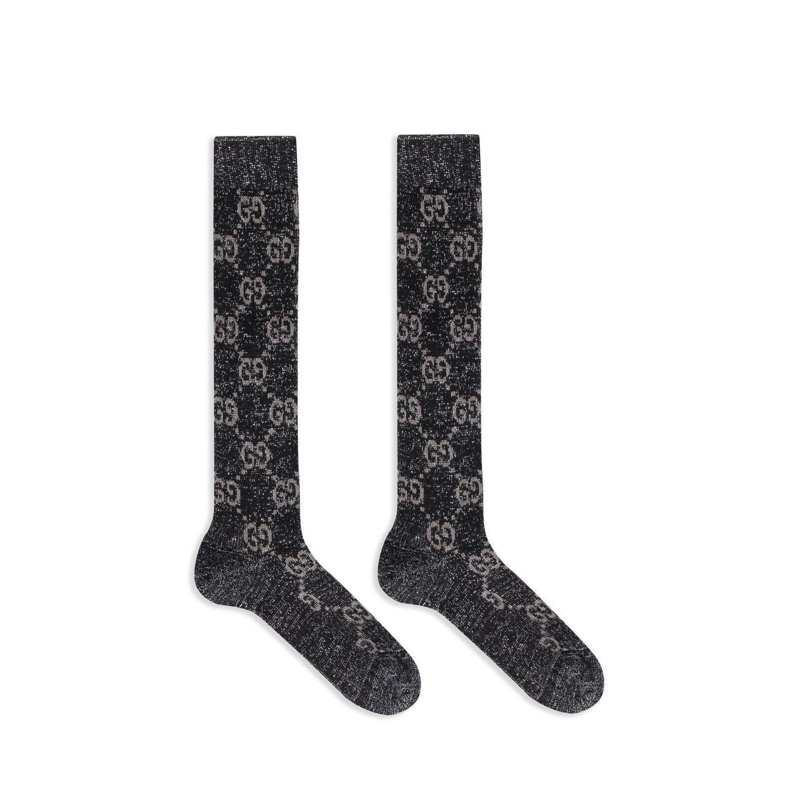 Gucci NEW GUCCI SOCKS LUREX BLACK SILVER GG PRINT LOGO Knee Sz S Size ONE SIZE - 1 Thumbnail