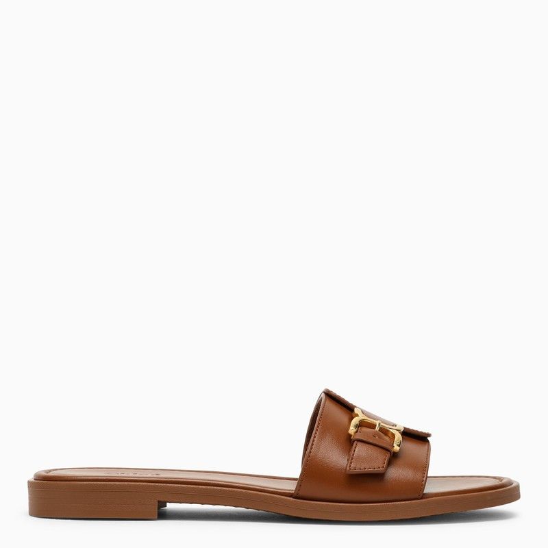 image of Chloe Marcie Caramel-Coloured Flat Leather Sandals in Brown, Women's (Size 10)