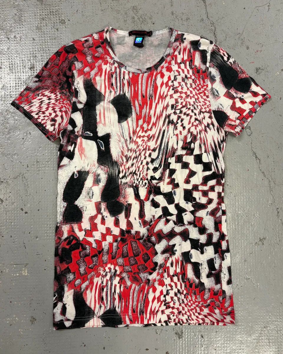 2000s Roberto Cavalli Red & Black Abstract Geometric T-Shirt
