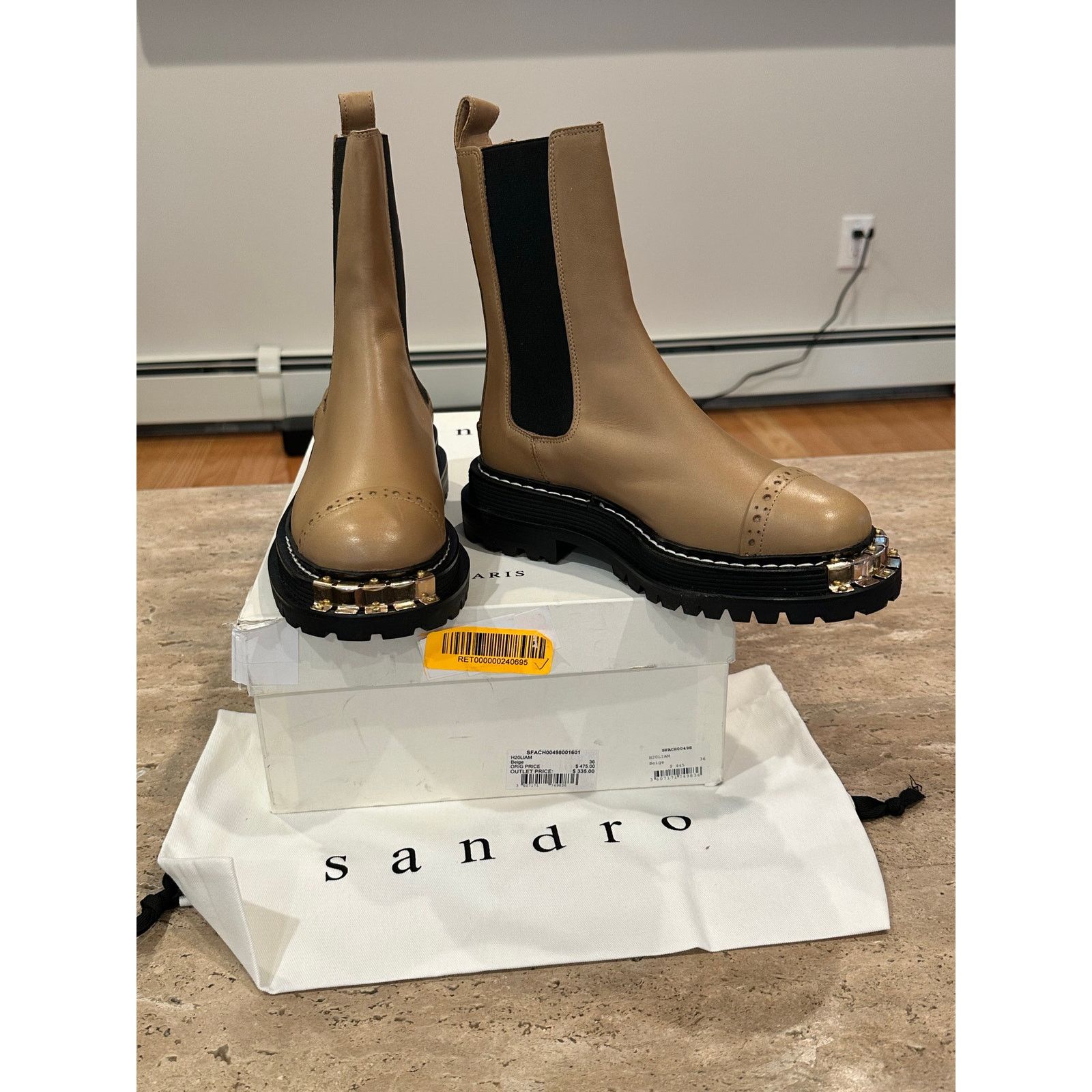 Sandro NEW Sandro Liam Beige Embellished Leather Chelsea Boots 36 Size US 5.5 / IT 35.5 - 7 Thumbnail