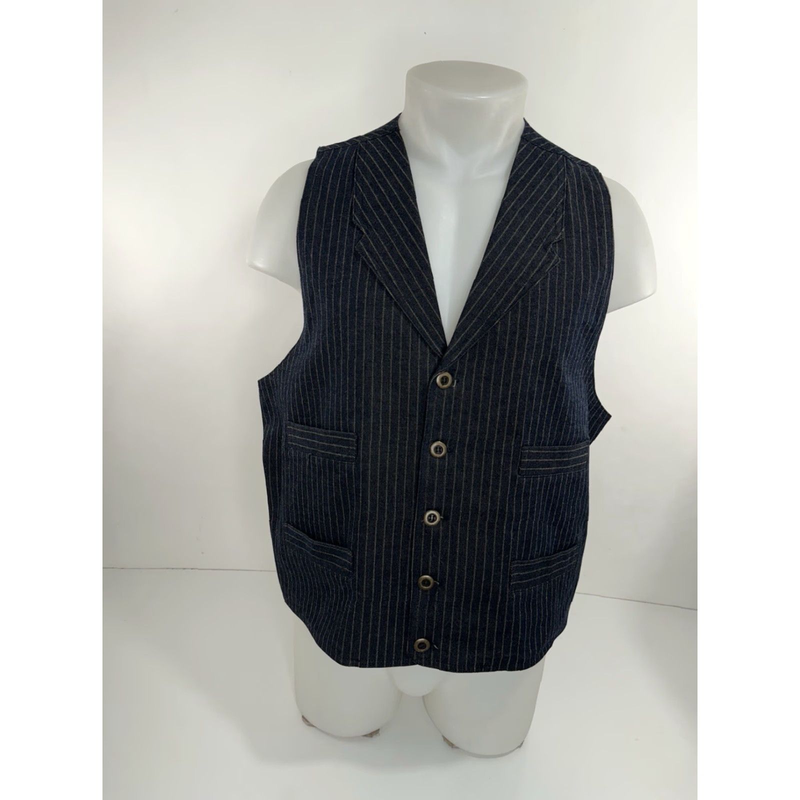 Vintage Frontier Classics Vest Striped Mens L Western Waistcoat - MINT, Cotton, Blue / Beige, Frontiers, Western, Vest, Men, Size L, Regular Fit Size US L / EU 52-54 / 3 - 2 Thumbnail