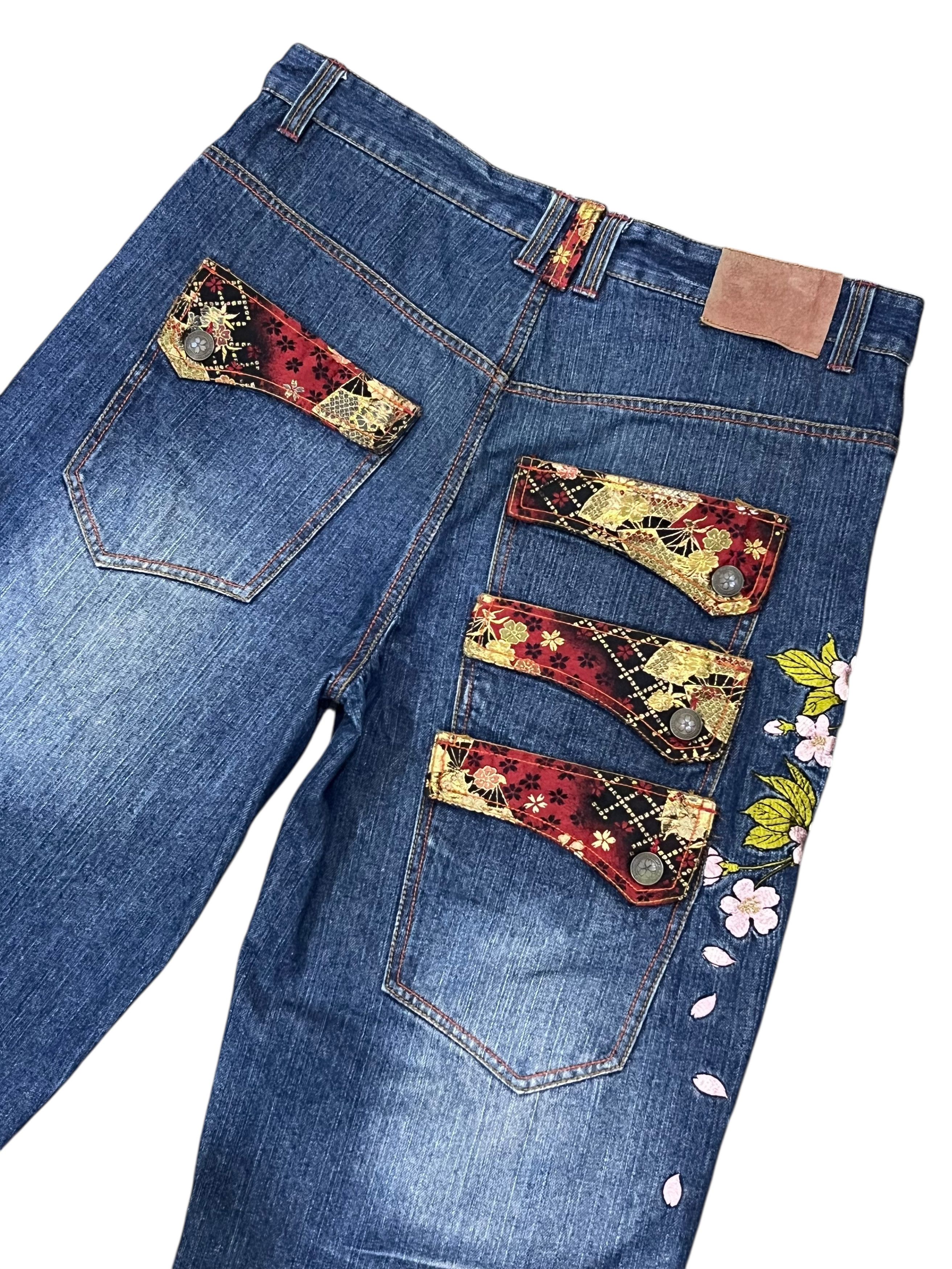 Addict Clothes Japan GEISHA & SAKURA Big Embroidery Baggy Fit Karakuri Denim Jpn Size US 35 - 10 Thumbnail