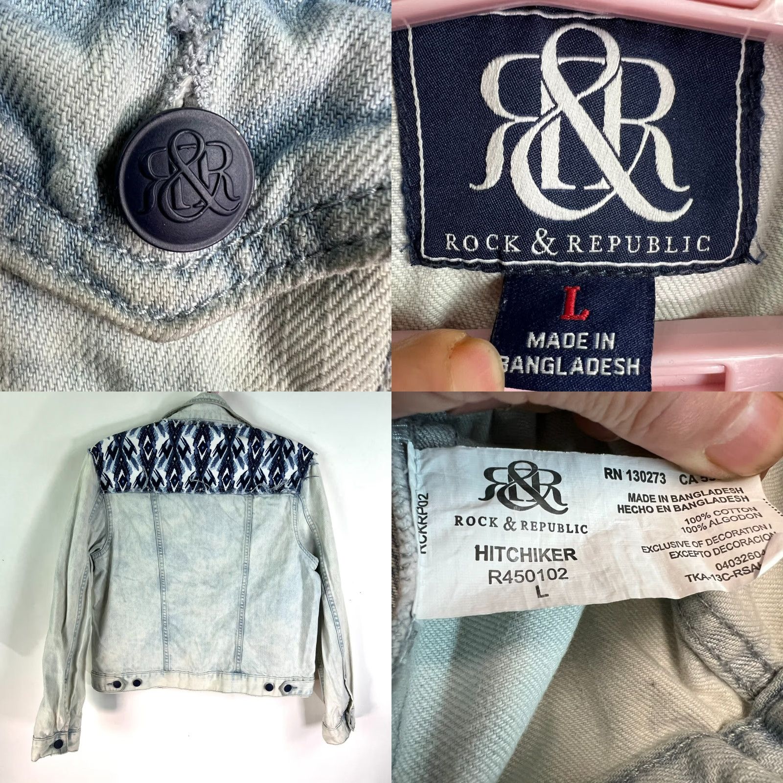 Vintage Rock & Republic Denim Jacket Women L Blue Denim 90s Biker Distressed Fringe Embroidered Logo Hitchiker Size L / US 10 / IT 46 - 8 Thumbnail