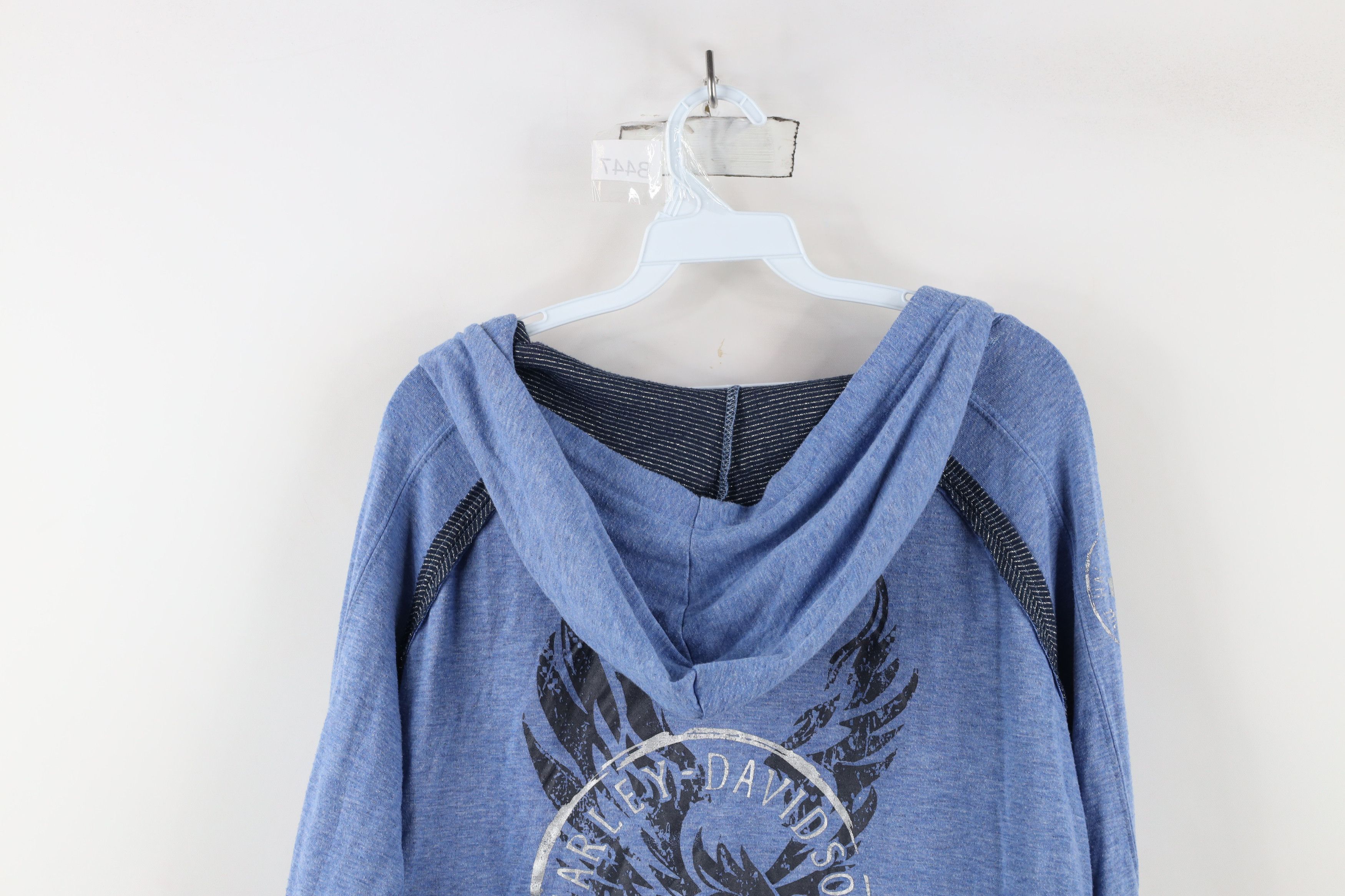 Harley Davidson × Vintage Vintage Y2K Harley Davidson Metallic Jersey Knit Hoodie Blue Size M / US 6-8 / IT 42-44 - 14 Thumbnail