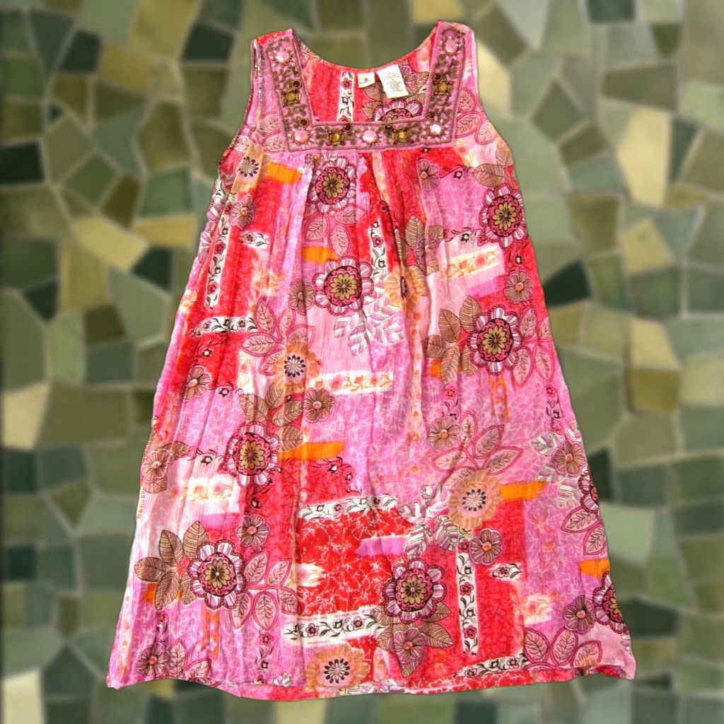 Vintage Forbidden 100% Rayon Pink Floral Beaded Tunic Tank Sun Dress Small Womens Size S / US 4 / IT 40 - 1 Thumbnail