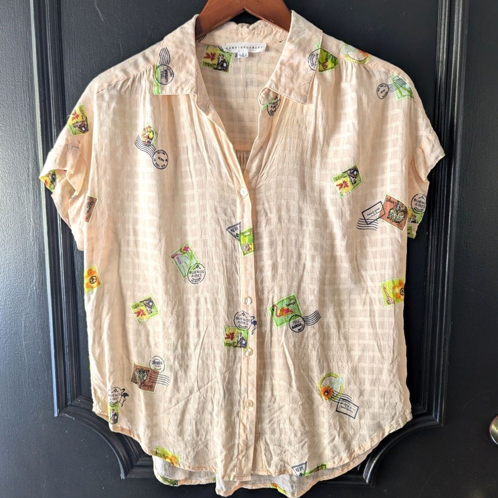 Stampd Jane + Delancey Blouse Short Sleeve Womens Peach Print Button Up Collared Casual Travel Summer Vintage No Size S / US 4 / IT 40 - 2 Thumbnail