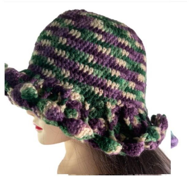 Handmade Crochet Bucket Hat Retro Cloche Style Purple Green Beige Han Size ONE SIZE - 4 Thumbnail