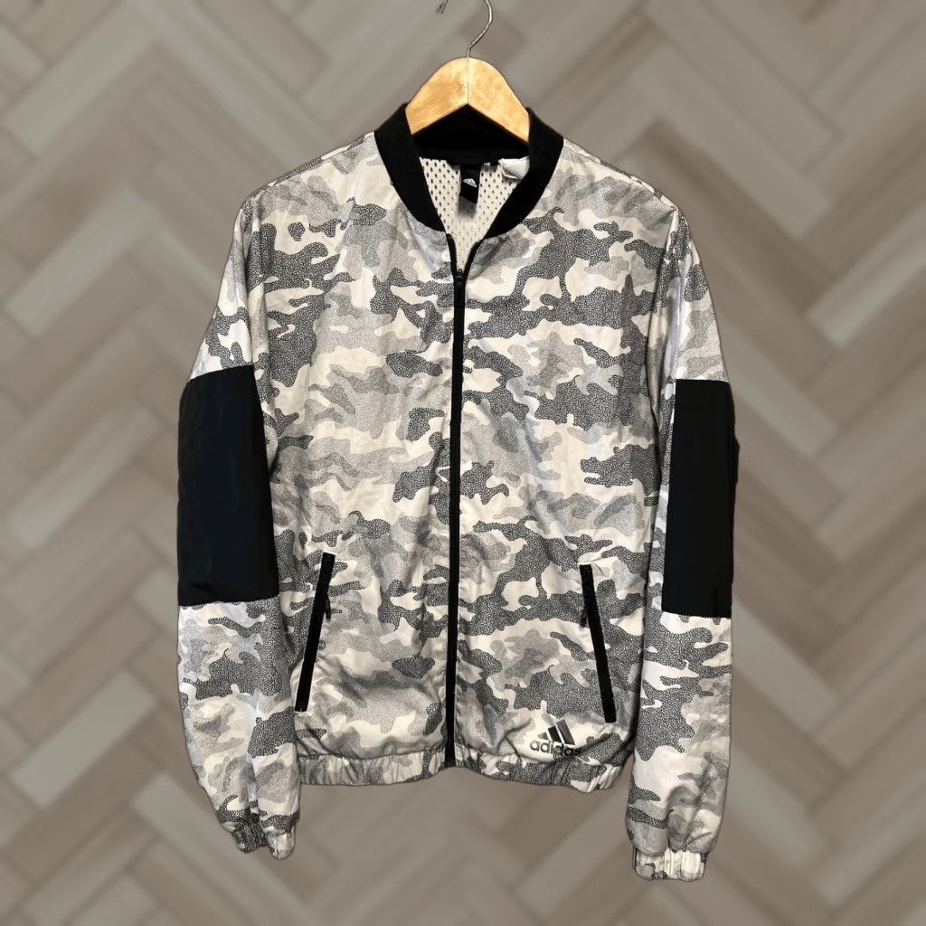 Adidas Adidas Windbreaker Jacket Men S Camouflage Black Gray Zip Stand-Up Collar Mid-Length Packable Breathable Lightweight Size US S / EU 44-46 / 1 - 1 Thumbnail