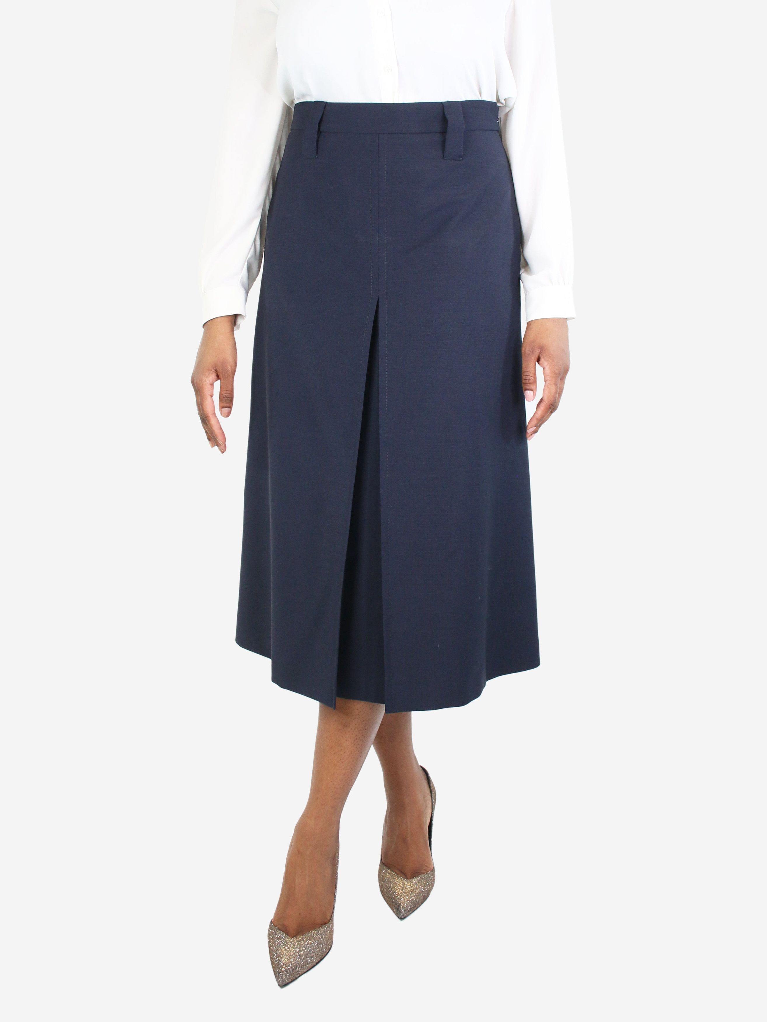 image of Prada Blue Mohair-Blend Pleated Midi Skirt - Size Uk 12, Women's