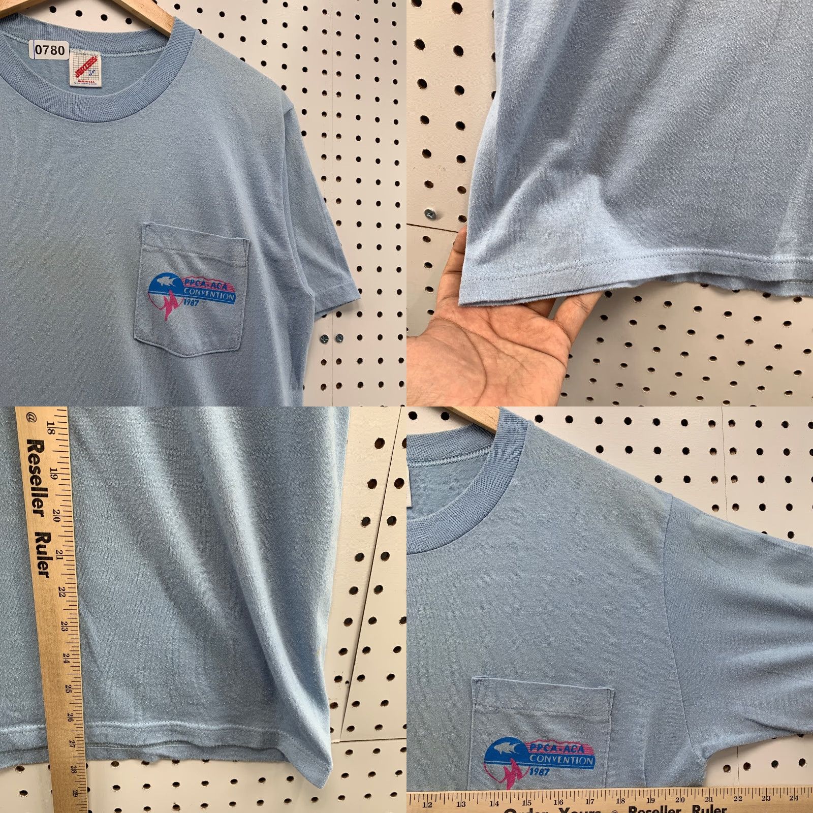 Jerzees VINTAGE Jerzees T-Shirt Mens M Blue Pocket 80s 90s Fish Pikes Peak Pattern Size US M / EU 48-50 / 2 - 8 Thumbnail