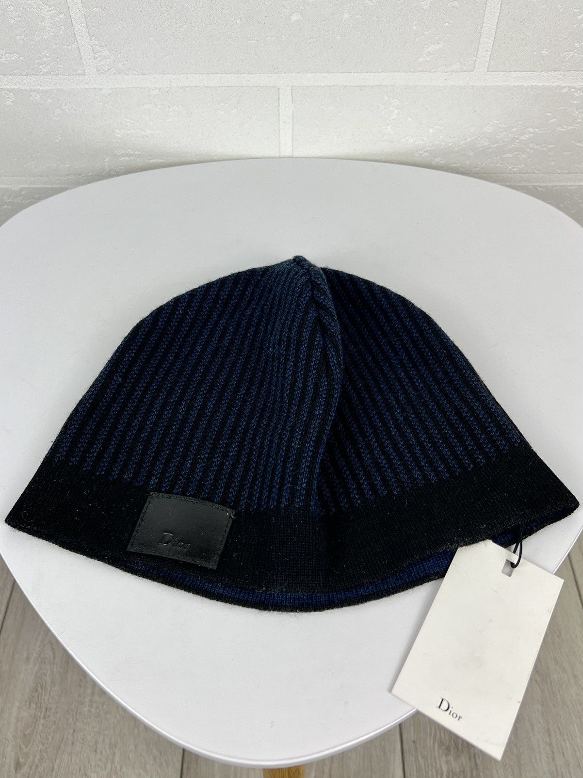 Dior DIOR Hat Wool 100% Leather Patch Logo Striped Black/Blue Men Size ONE SIZE - 1 Thumbnail