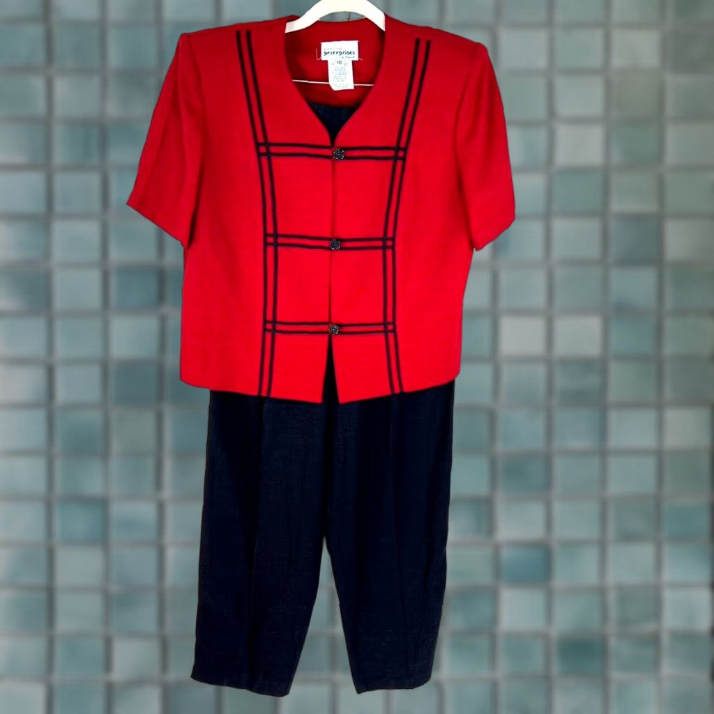 Vintage VINTAGE Petite Perceptions Pants Suit Set Women 10P Red Black Rayon Acetate 2-Piece Jacket Pants 3-Button 38/28 Inseam 28" US Made Womens Size 10P Size 32" / US 10 / IT 46 - 1 Thumbnail