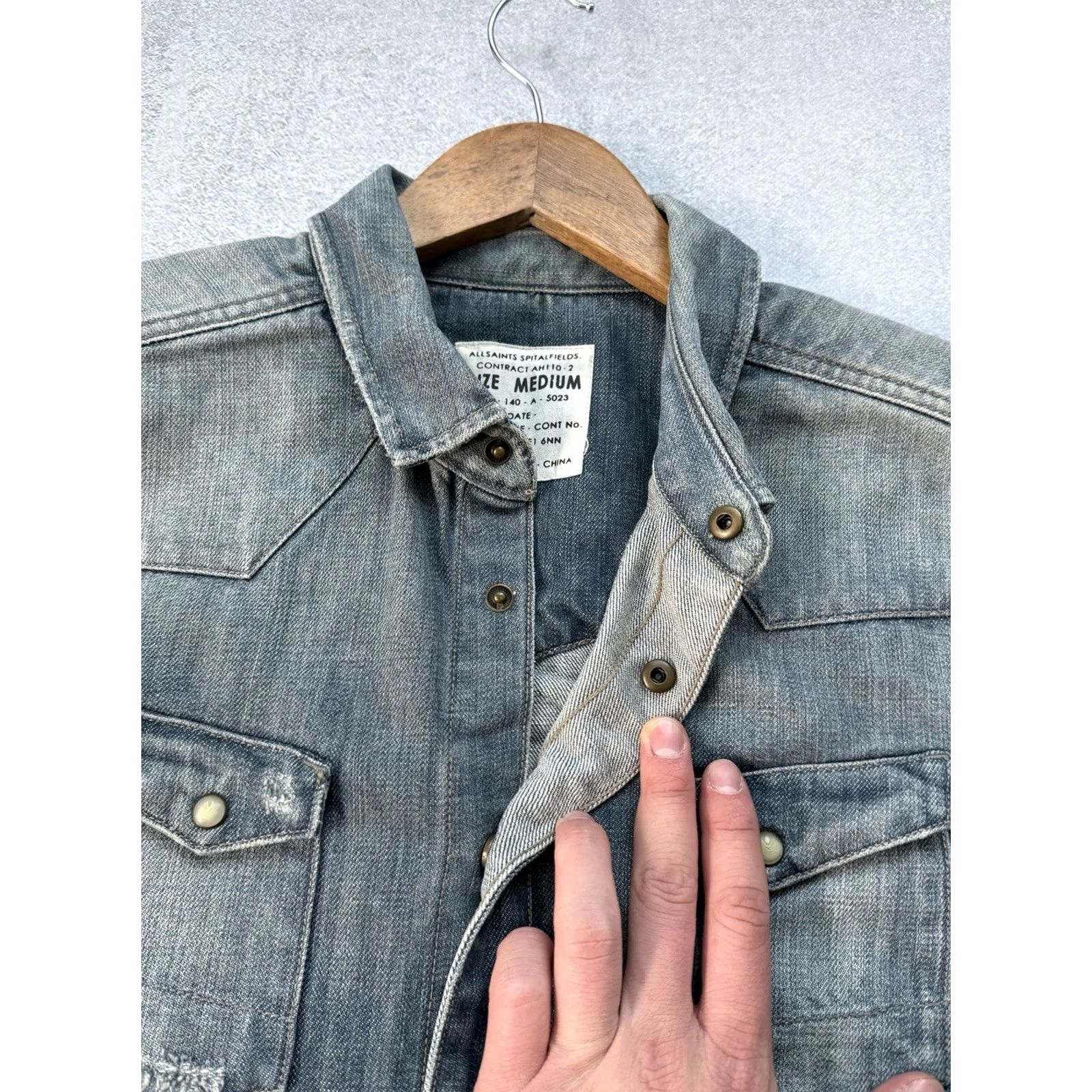 Allsaints AllSaints Denim Shirt Snap Distressed Vintage Blue Button Casual Mens M Blue Denim Y2K Shirt Size US M / EU 48-50 / 2 - 5 Thumbnail