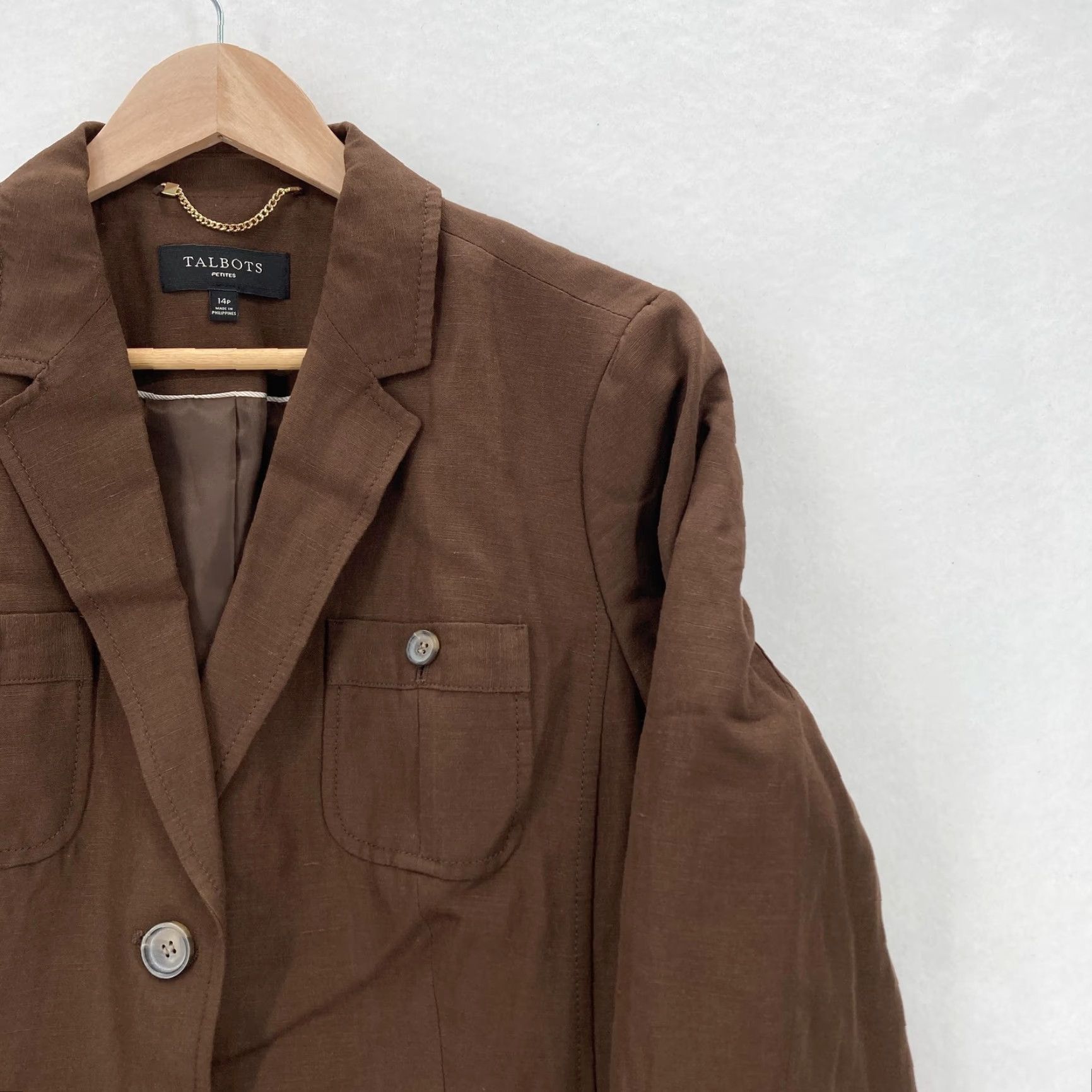 Talbots VINTAGE Talbots Blazer Womens 14P Petite Brown Linen Blend Button Front Tailored Jacket Size XL / US 12-14 / IT 48-50 - 2 Thumbnail