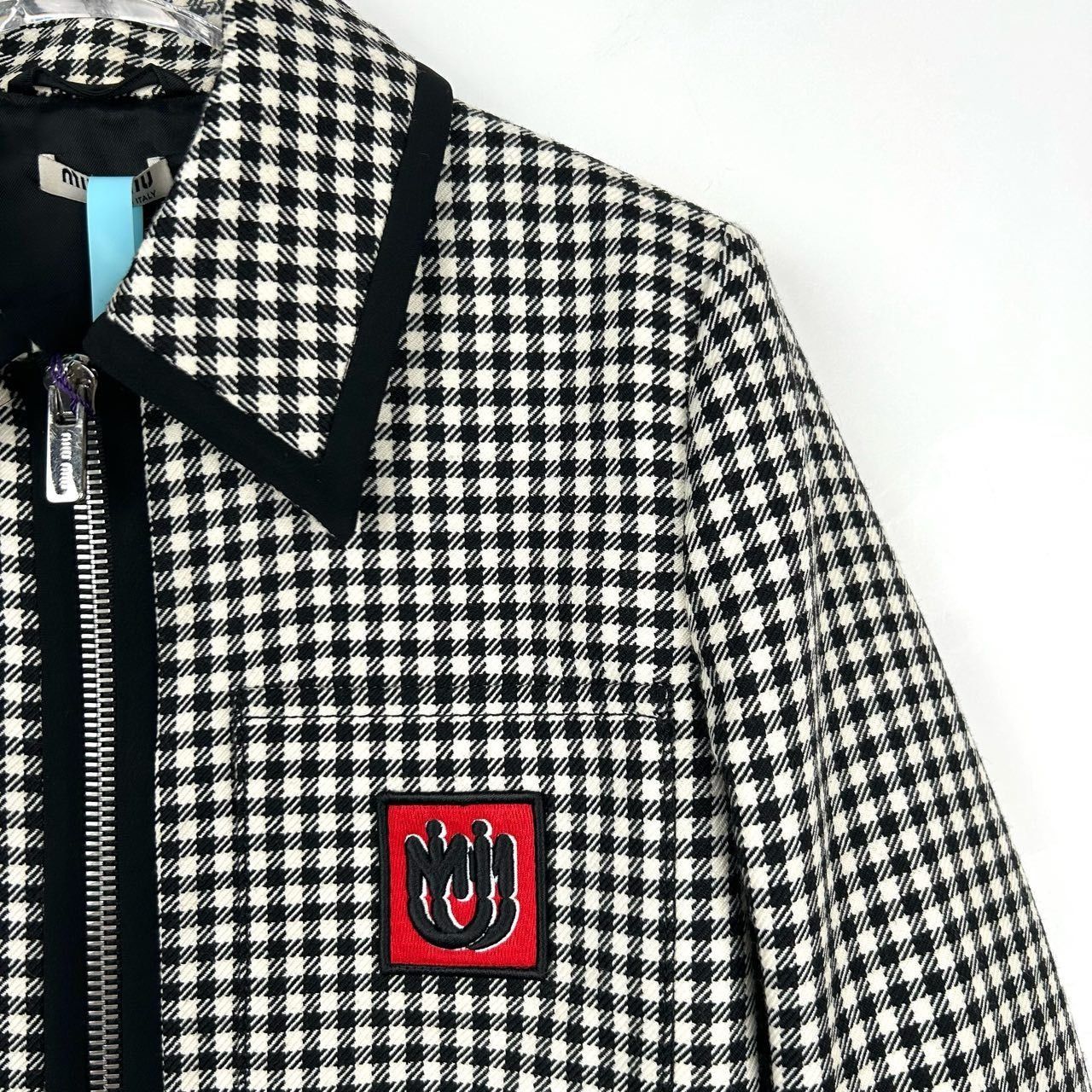 Miu Miu Miu Miu Womens Black & White Gingham Wool Jacket With Red Lo Size XS / US 0-2 / IT 36-38 - 3 Thumbnail
